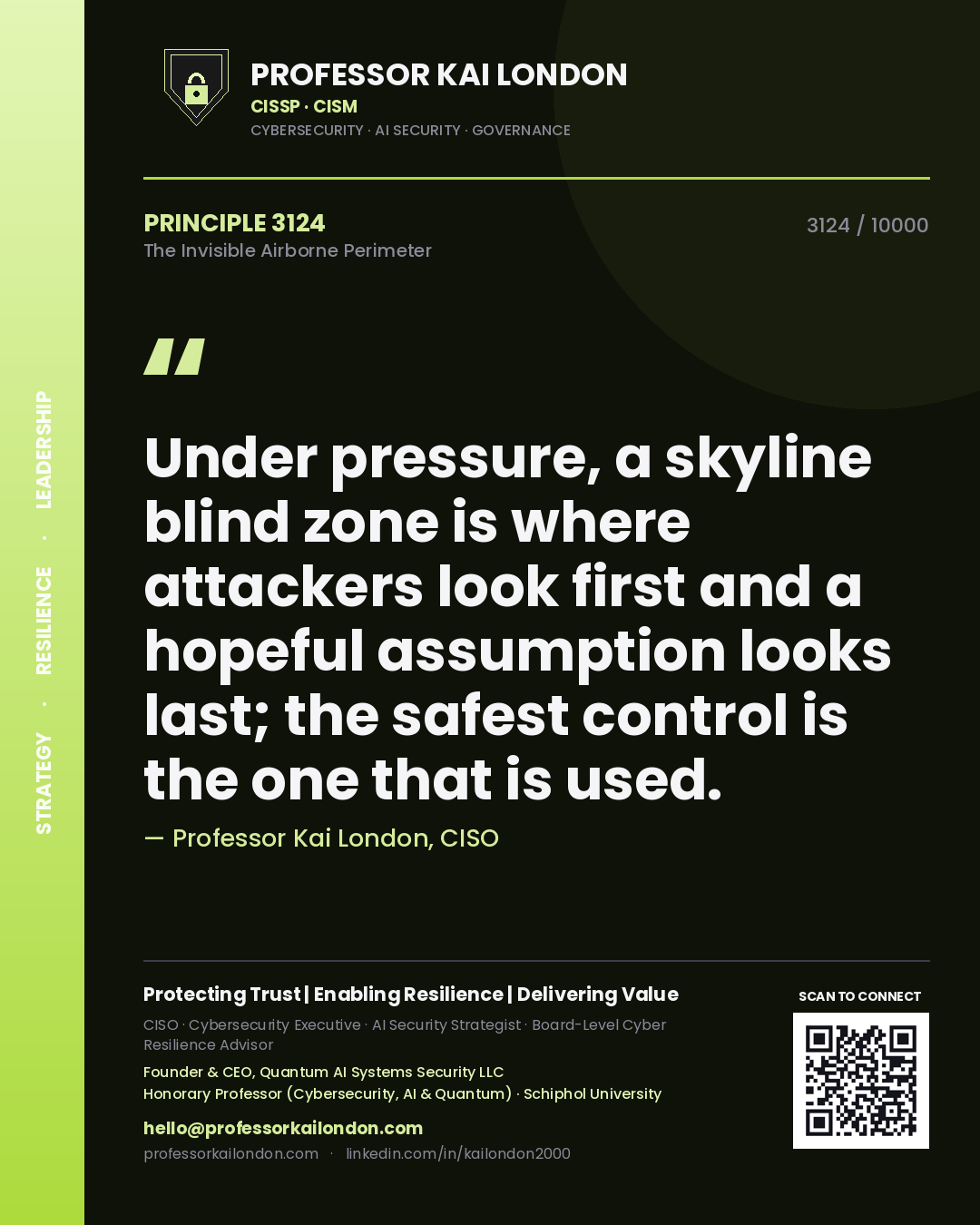 Quote card by Professor Kai London reading 'Under pressure, a skyline blind zone is where attackers look first and a hopeful assumption looks last; the safest control is the one that is used.'. From the book The Invisible Airborne Perimeter.