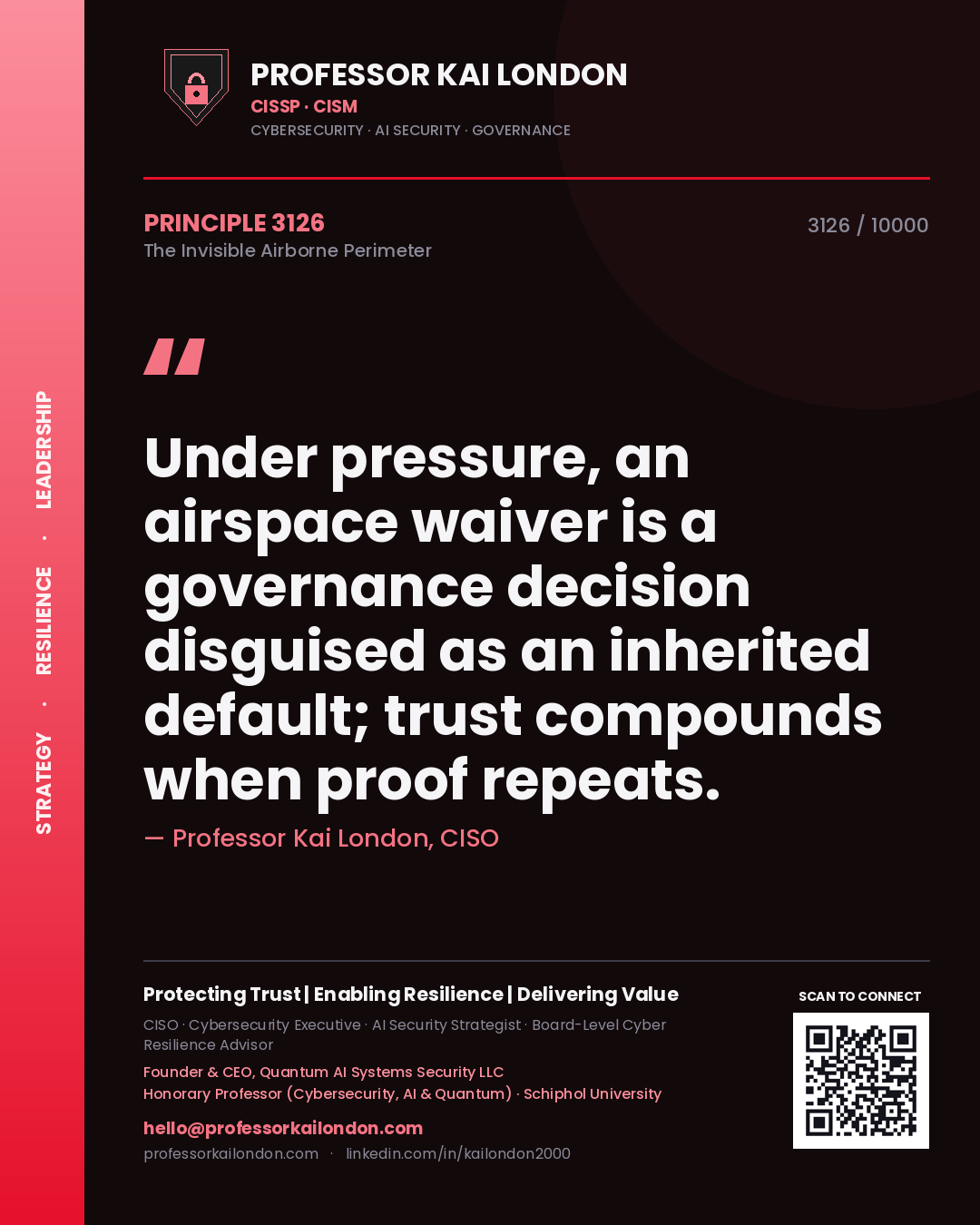 Quote card by Professor Kai London reading 'Under pressure, an airspace waiver is a governance decision disguised as an inherited default; trust compounds when proof repeats.'. From the book The Invisible Airborne Perimeter.