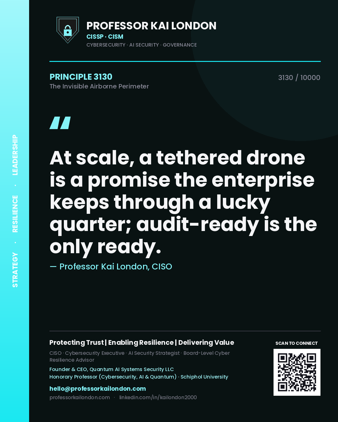 Quote card by Professor Kai London reading 'At scale, a tethered drone is a promise the enterprise keeps through a lucky quarter; audit-ready is the only ready.'. From the book The Invisible Airborne Perimeter.