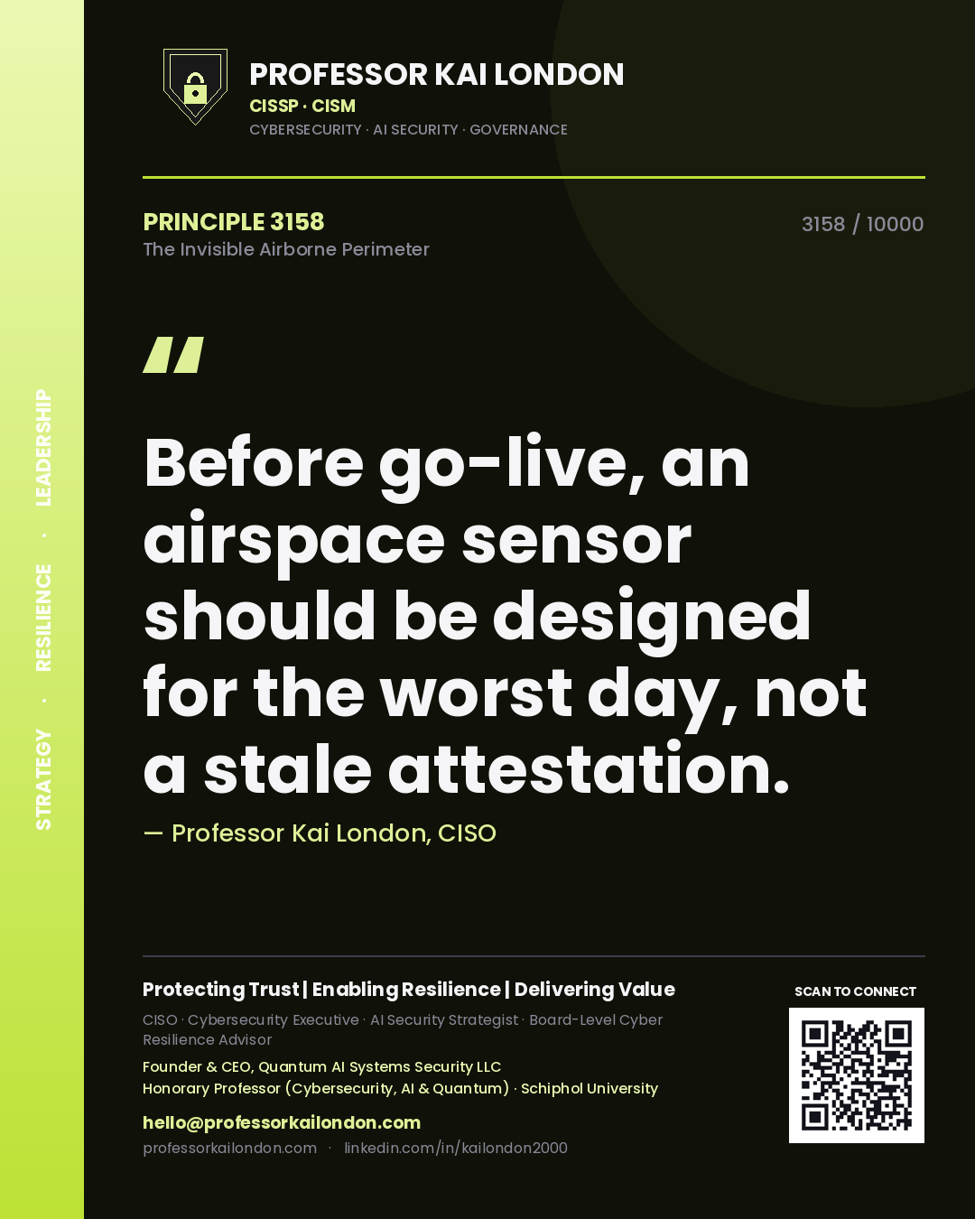 Quote card by Professor Kai London reading 'Before go-live, an airspace sensor should be designed for the worst day, not a stale attestation.'. From the book The Invisible Airborne Perimeter.
