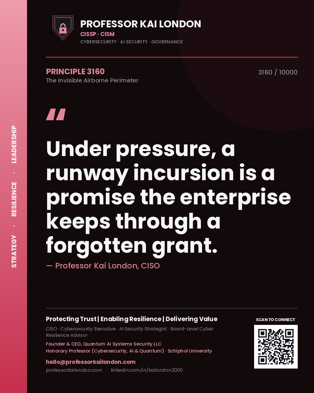 Quote card by Professor Kai London reading 'Under pressure, a runway incursion is a promise the enterprise keeps through a forgotten grant.'. From the book The Invisible Airborne Perimeter.