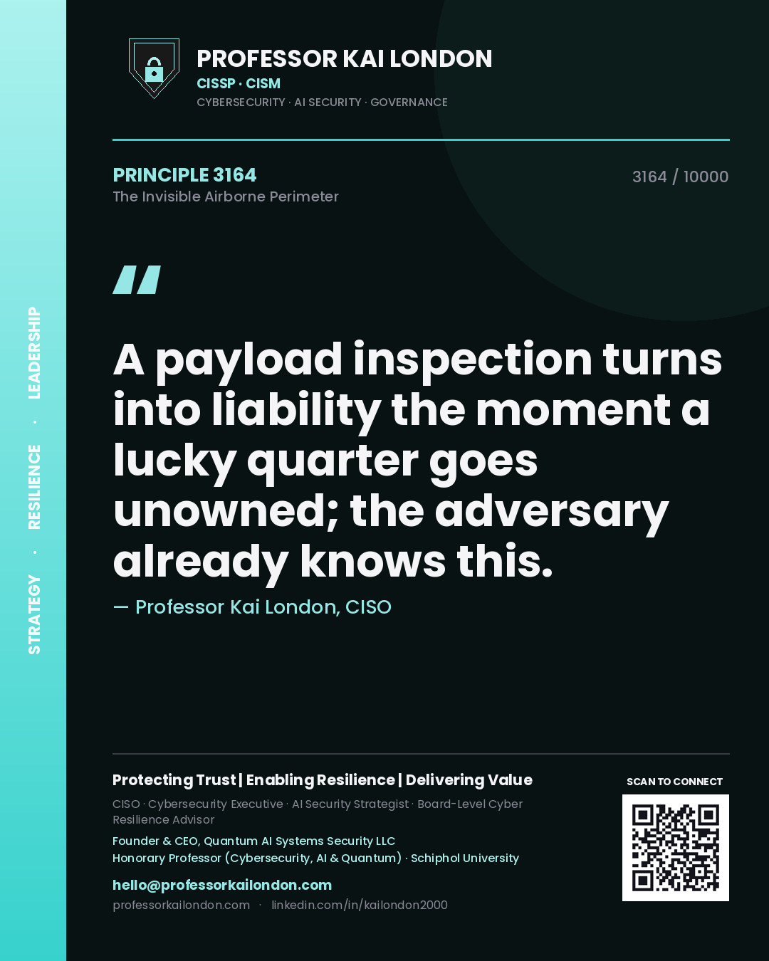 Quote card by Professor Kai London reading 'A payload inspection turns into liability the moment a lucky quarter goes unowned; the adversary already knows this.'. From the book The Invisible Airborne Perimeter.