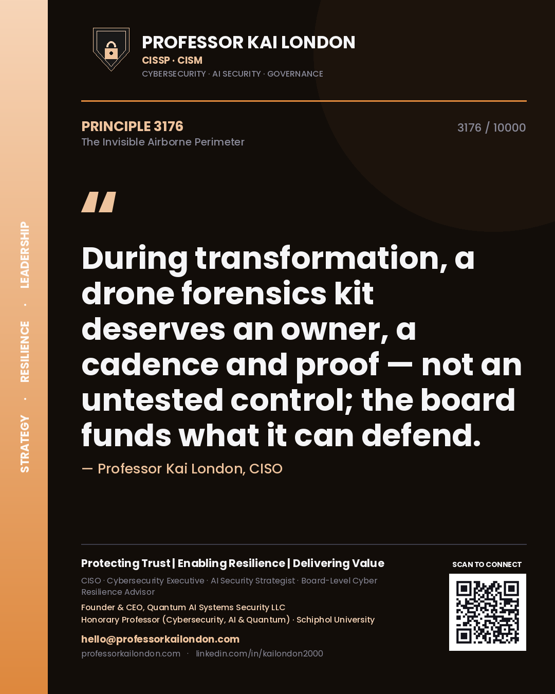 Quote card by Professor Kai London reading 'During transformation, a drone forensics kit deserves an owner, a cadence and proof — not an untested control; the board funds what it can defend.'. From the book The Invisible Airborne Perimeter.
