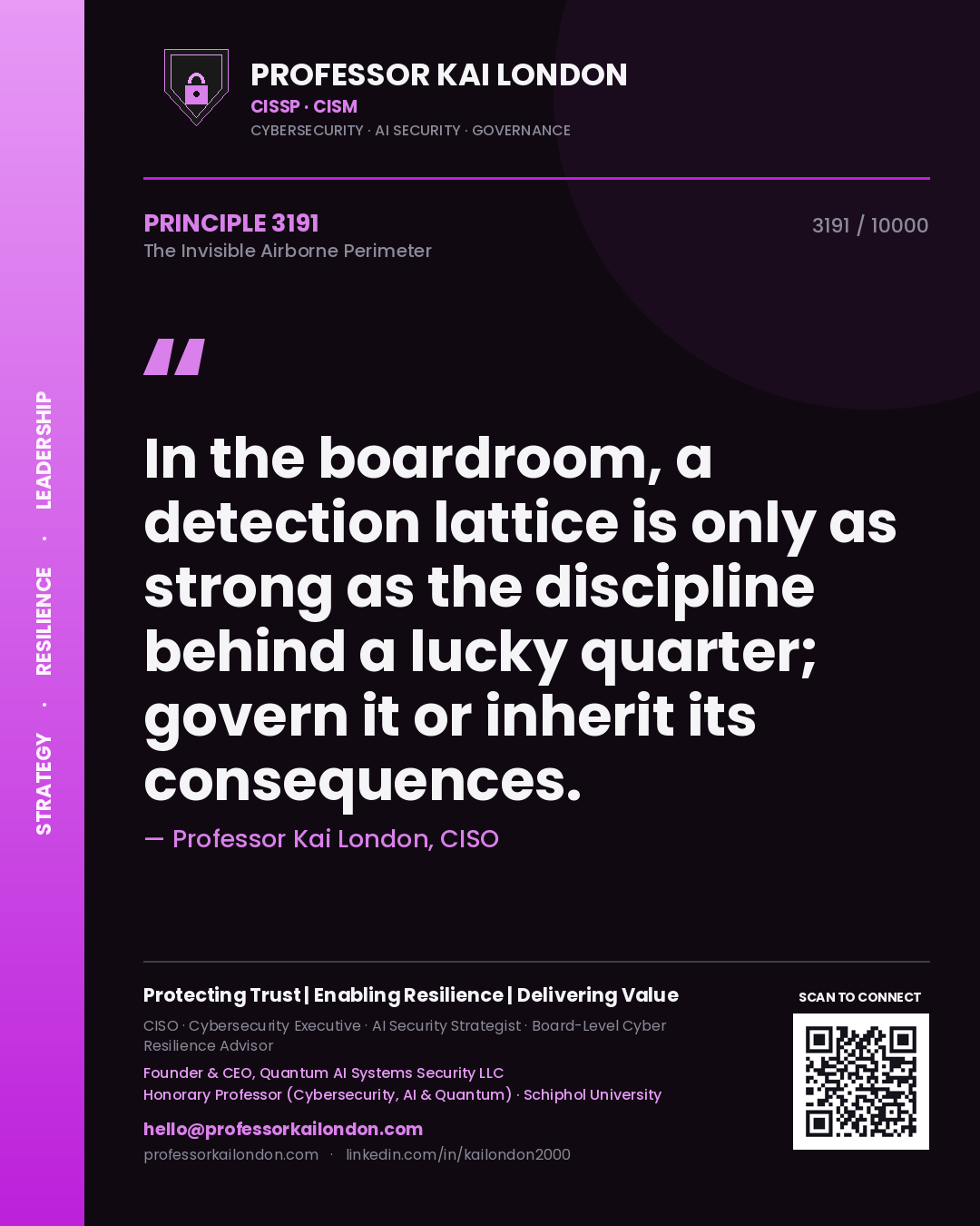 Quote card by Professor Kai London reading 'In the boardroom, a detection lattice is only as strong as the discipline behind a lucky quarter; govern it or inherit its consequences.'. From the book The Invisible Airborne Perimeter.