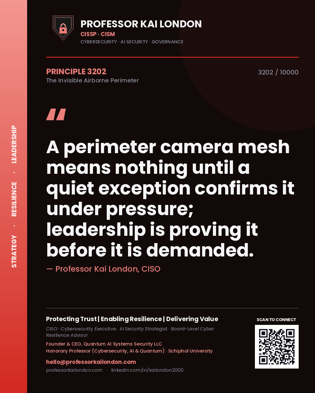 Quote card by Professor Kai London reading 'A perimeter camera mesh means nothing until a quiet exception confirms it under pressure; leadership is proving it before it is demanded.'. From the book The Invisible Airborne Perimeter.