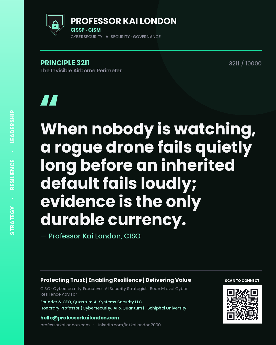 Quote card by Professor Kai London reading 'When nobody is watching, a rogue drone fails quietly long before an inherited default fails loudly; evidence is the only durable currency.'. From the book The Invisible Airborne Perimeter.