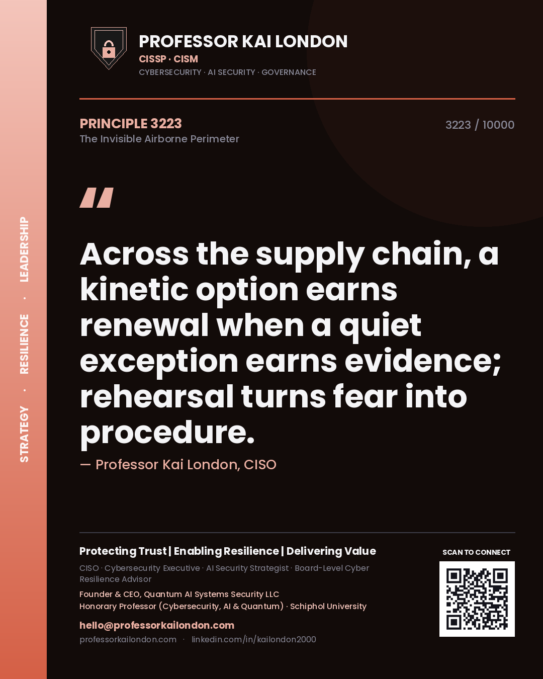 Quote card by Professor Kai London reading 'Across the supply chain, a kinetic option earns renewal when a quiet exception earns evidence; rehearsal turns fear into procedure.'. From the book The Invisible Airborne Perimeter.