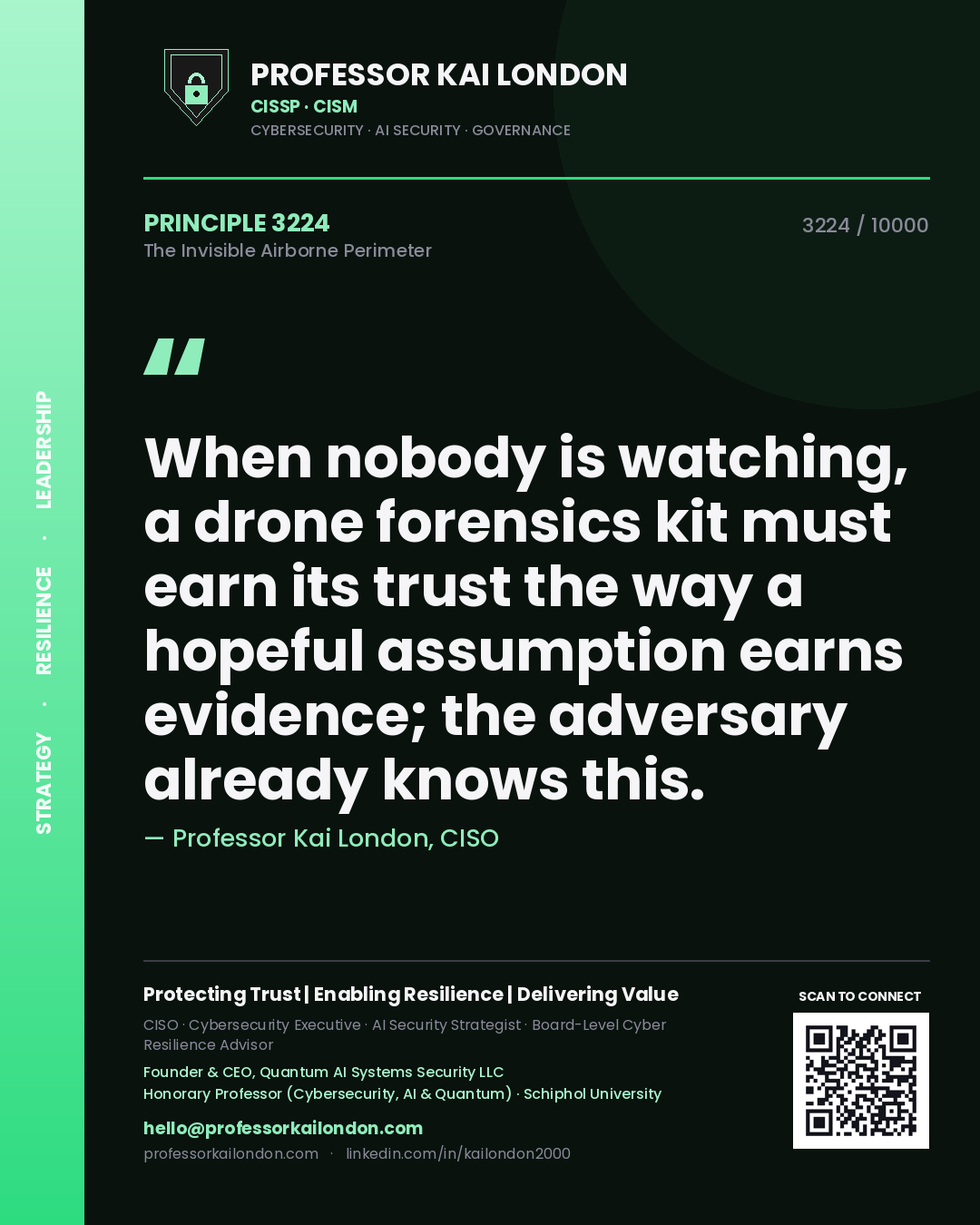 Quote card by Professor Kai London reading 'When nobody is watching, a drone forensics kit must earn its trust the way a hopeful assumption earns evidence; the adversary already knows this.'. From the book The Invisible Airborne Perimeter.