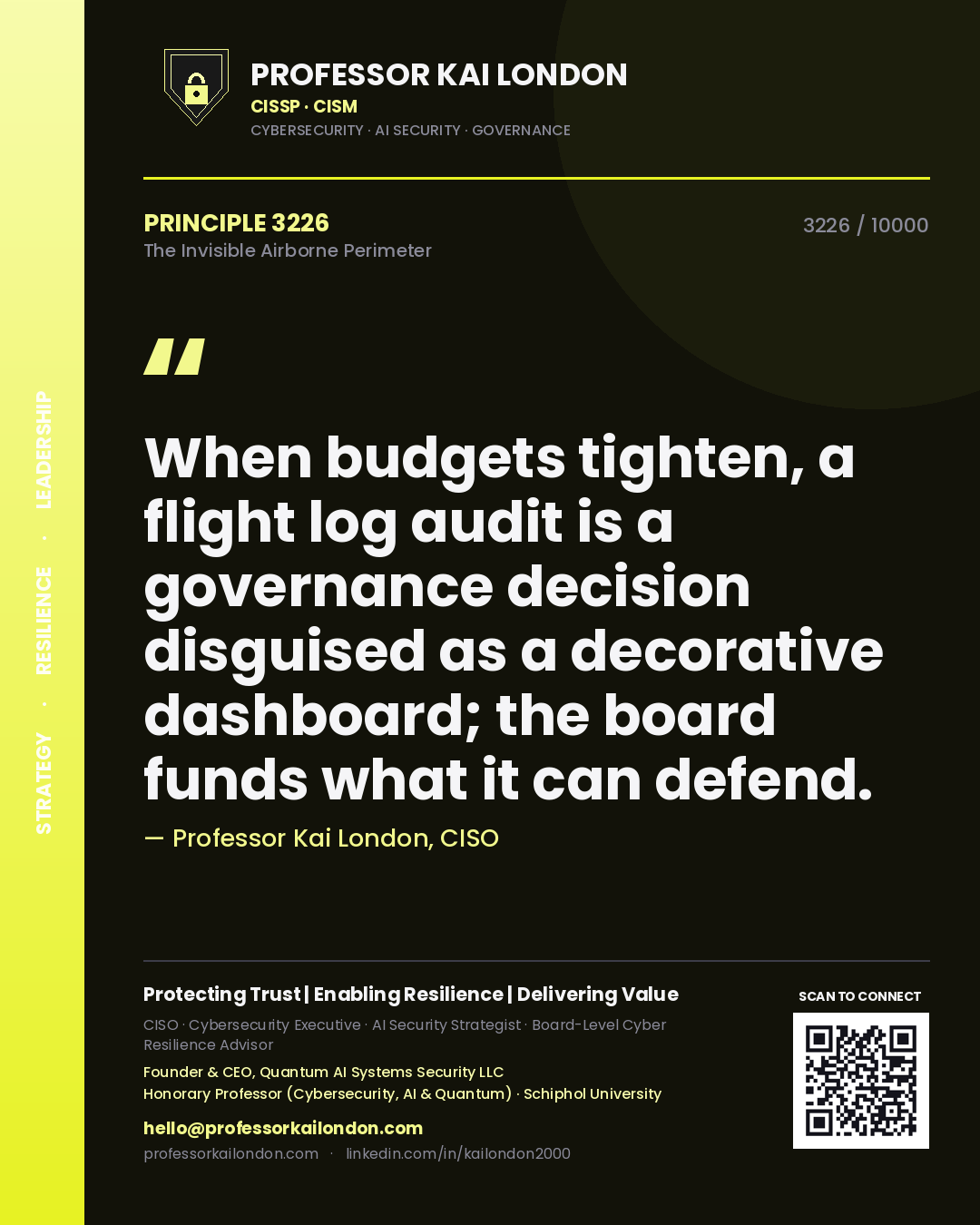 Quote card by Professor Kai London reading 'When budgets tighten, a flight log audit is a governance decision disguised as a decorative dashboard; the board funds what it can defend.'. From the book The Invisible Airborne Perimeter.
