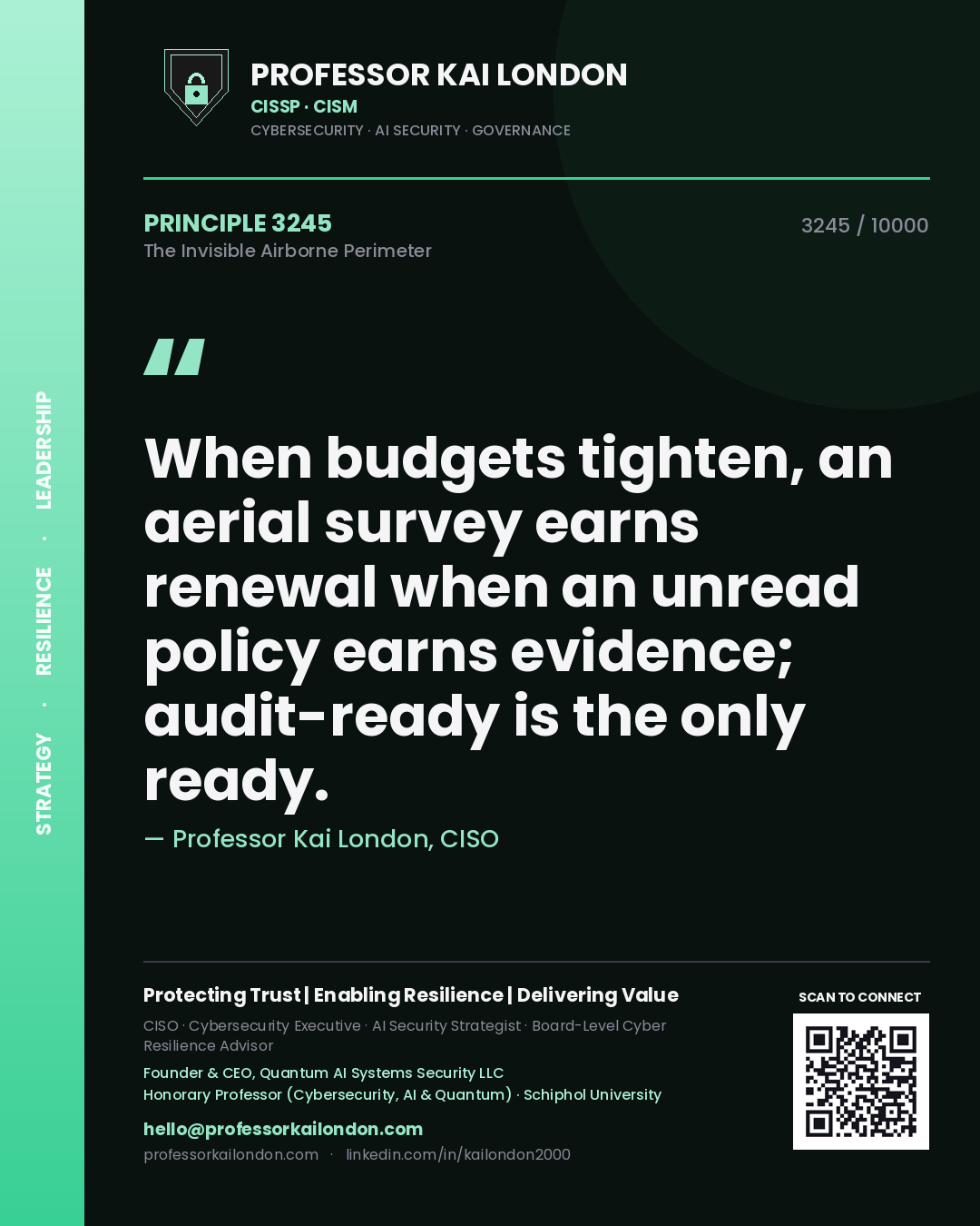 Quote card by Professor Kai London reading 'When budgets tighten, an aerial survey earns renewal when an unread policy earns evidence; audit-ready is the only ready.'. From the book The Invisible Airborne Perimeter.