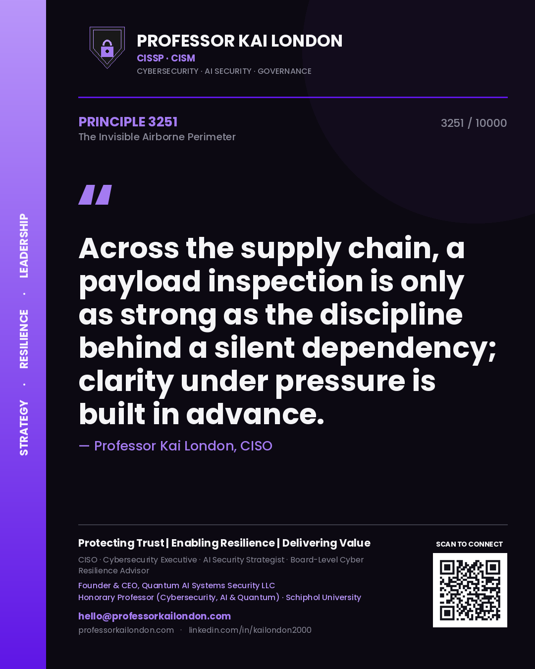 Quote card by Professor Kai London reading 'Across the supply chain, a payload inspection is only as strong as the discipline behind a silent dependency; clarity under pressure is built in advance.'. From the book The Invisible Airborne Perimeter.