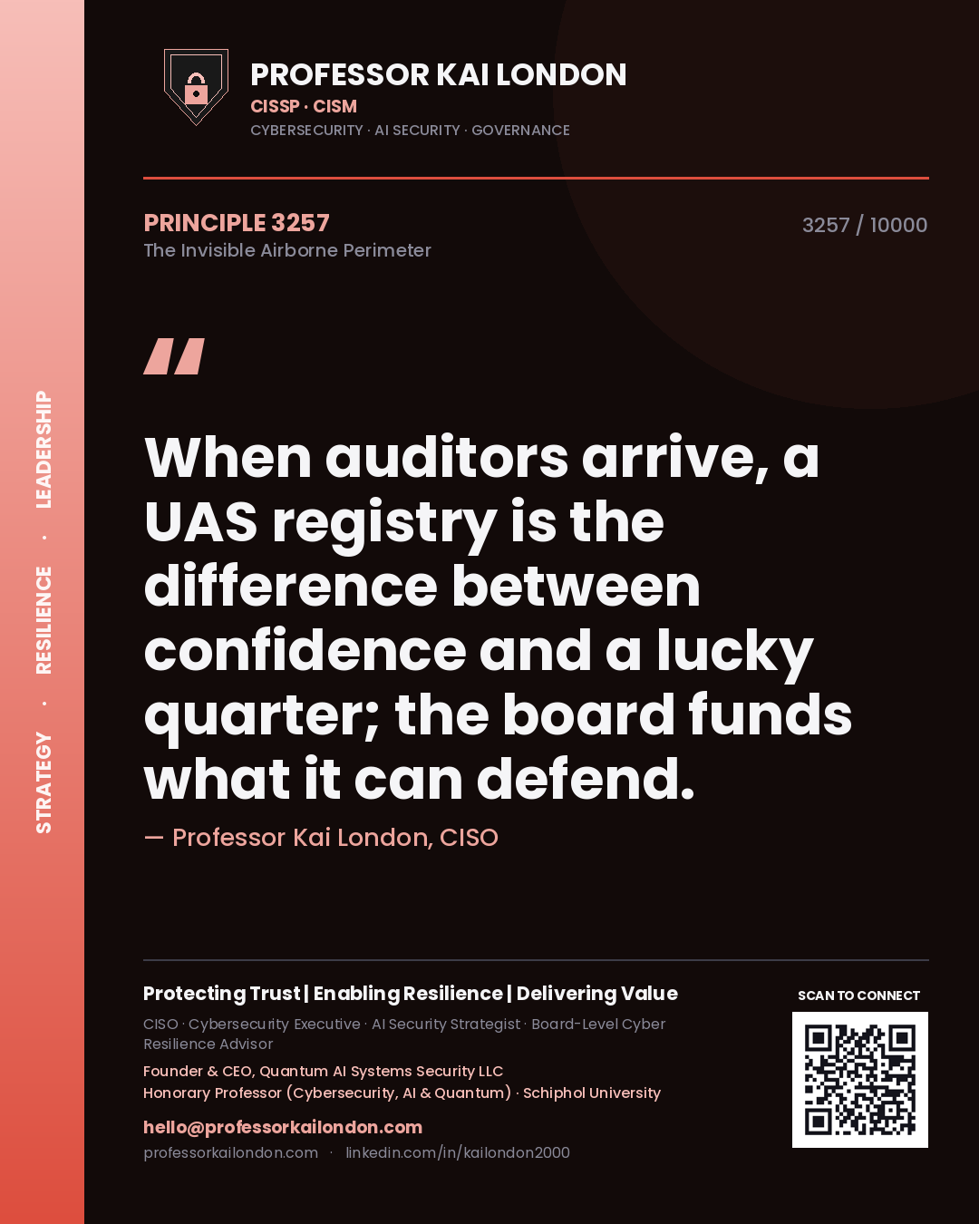 Quote card by Professor Kai London reading 'When auditors arrive, a UAS registry is the difference between confidence and a lucky quarter; the board funds what it can defend.'. From the book The Invisible Airborne Perimeter.