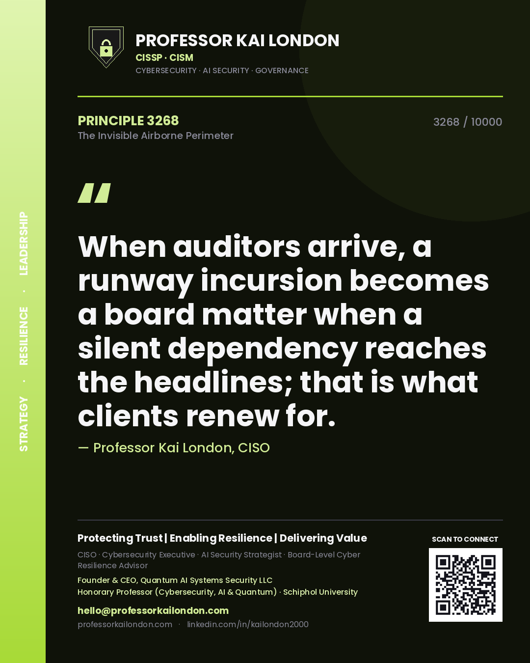 Quote card by Professor Kai London reading 'When auditors arrive, a runway incursion becomes a board matter when a silent dependency reaches the headlines; that is what clients renew for.'. From the book The Invisible Airborne Perimeter.