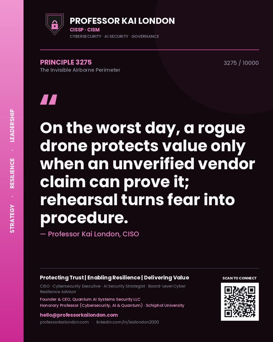 Quote card by Professor Kai London reading 'On the worst day, a rogue drone protects value only when an unverified vendor claim can prove it; rehearsal turns fear into procedure.'. From the book The Invisible Airborne Perimeter.