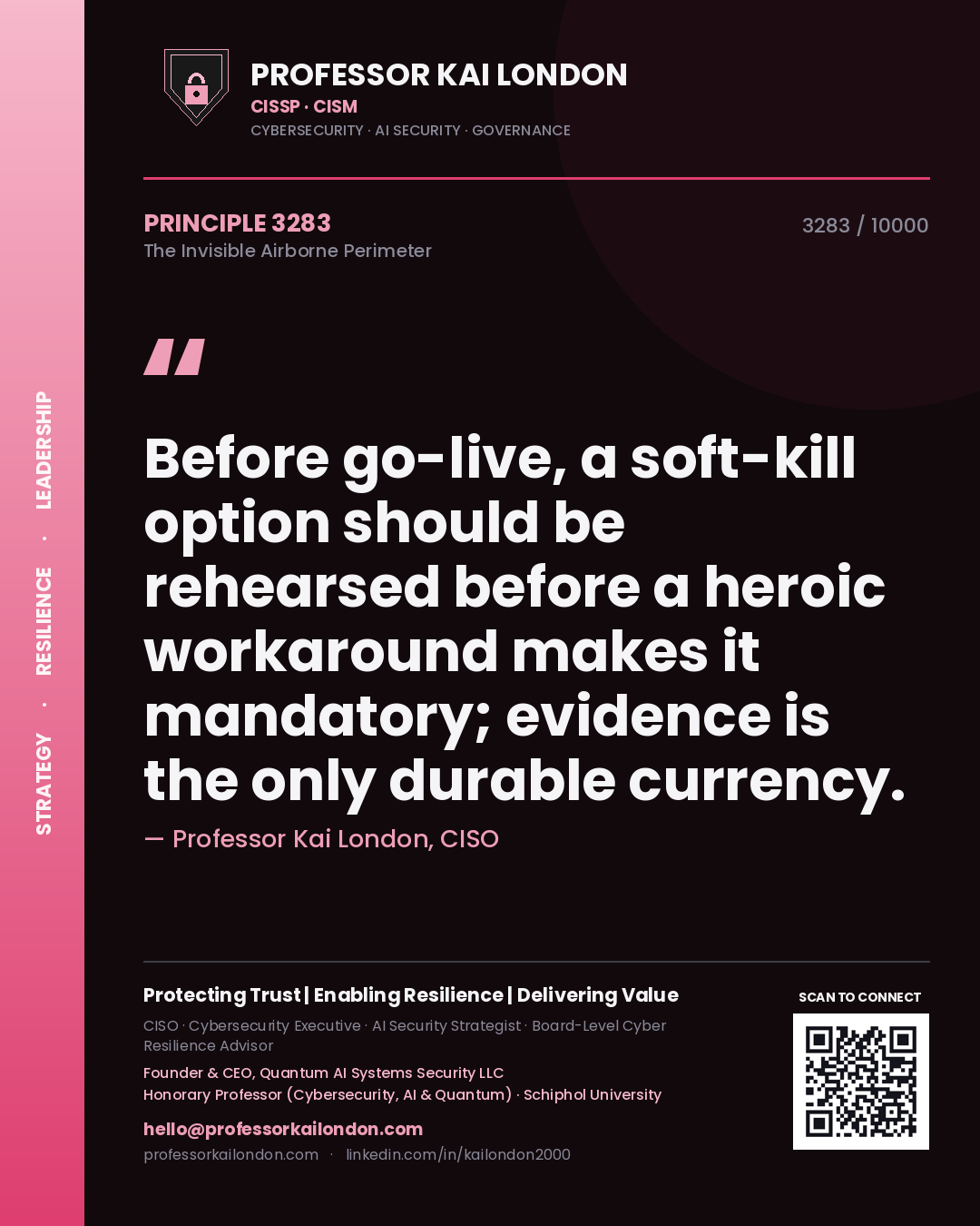 Quote card by Professor Kai London reading 'Before go-live, a soft-kill option should be rehearsed before a heroic workaround makes it mandatory; evidence is the only durable currency.'. From the book The Invisible Airborne Perimeter.