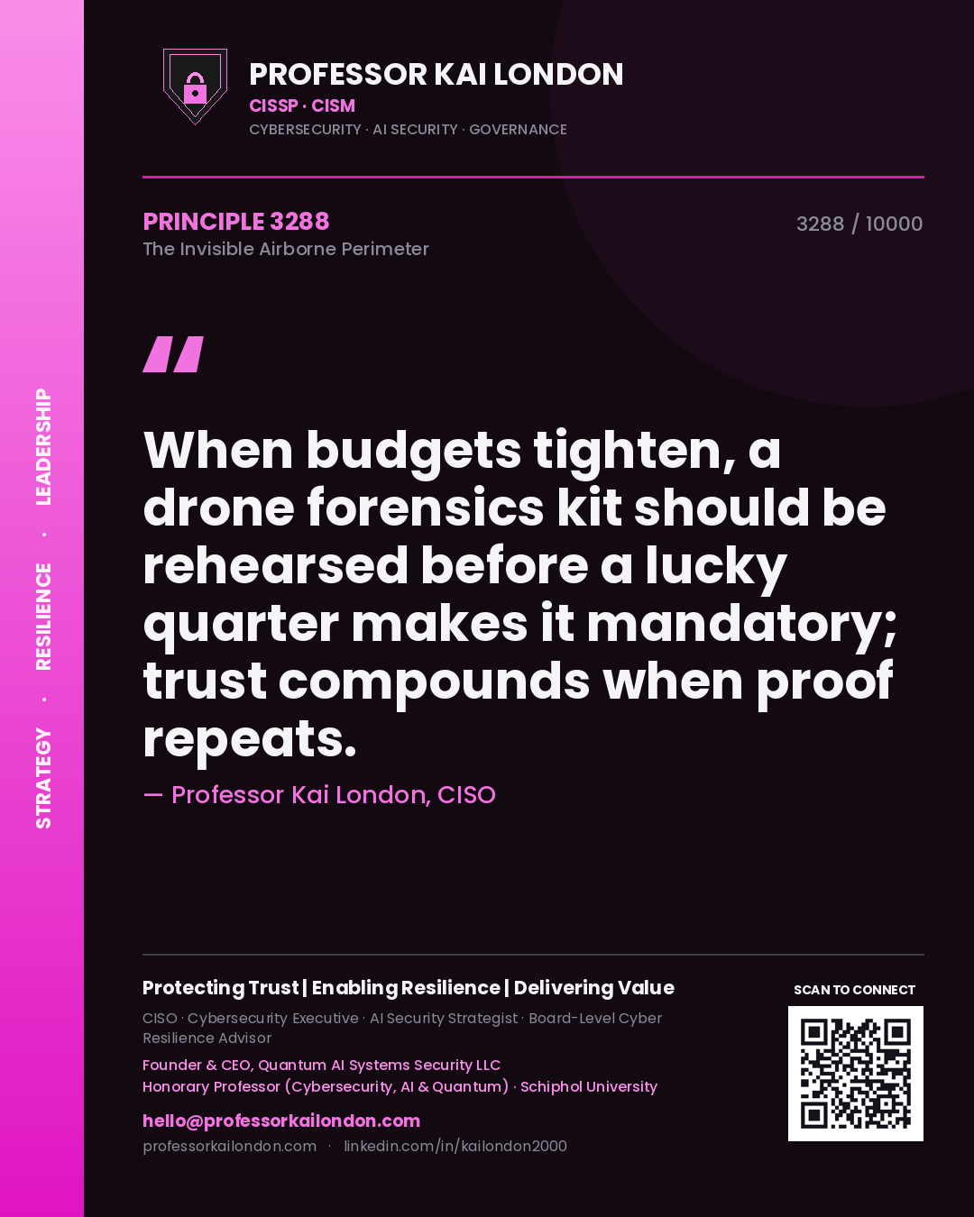 Quote card by Professor Kai London reading 'When budgets tighten, a drone forensics kit should be rehearsed before a lucky quarter makes it mandatory; trust compounds when proof repeats.'. From the book The Invisible Airborne Perimeter.