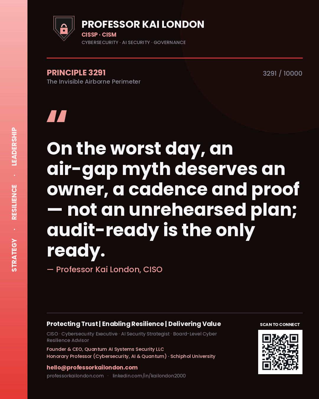 Quote card by Professor Kai London reading 'On the worst day, an air-gap myth deserves an owner, a cadence and proof — not an unrehearsed plan; audit-ready is the only ready.'. From the book The Invisible Airborne Perimeter.