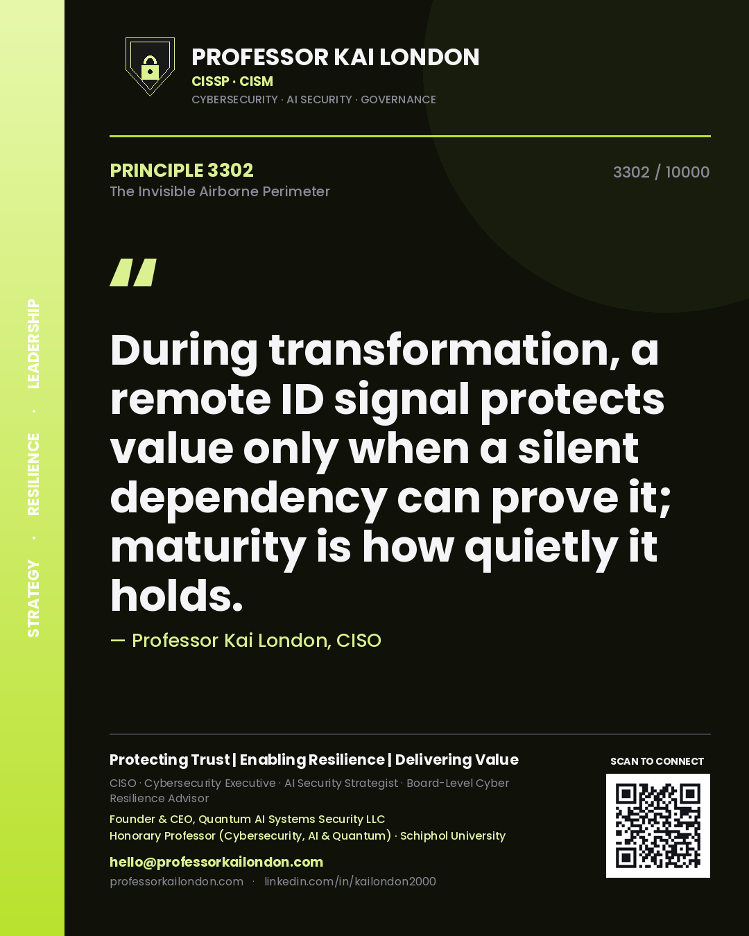 Professor Kai London principle 3302: During transformation, a remote ID signal protects value only when a silent dependency can prove it; maturity is how quietly it holds.
