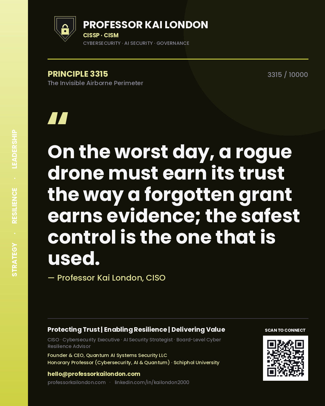 Quote card by Professor Kai London reading 'On the worst day, a rogue drone must earn its trust the way a forgotten grant earns evidence; the safest control is the one that is used.'. From the book The Invisible Airborne Perimeter.