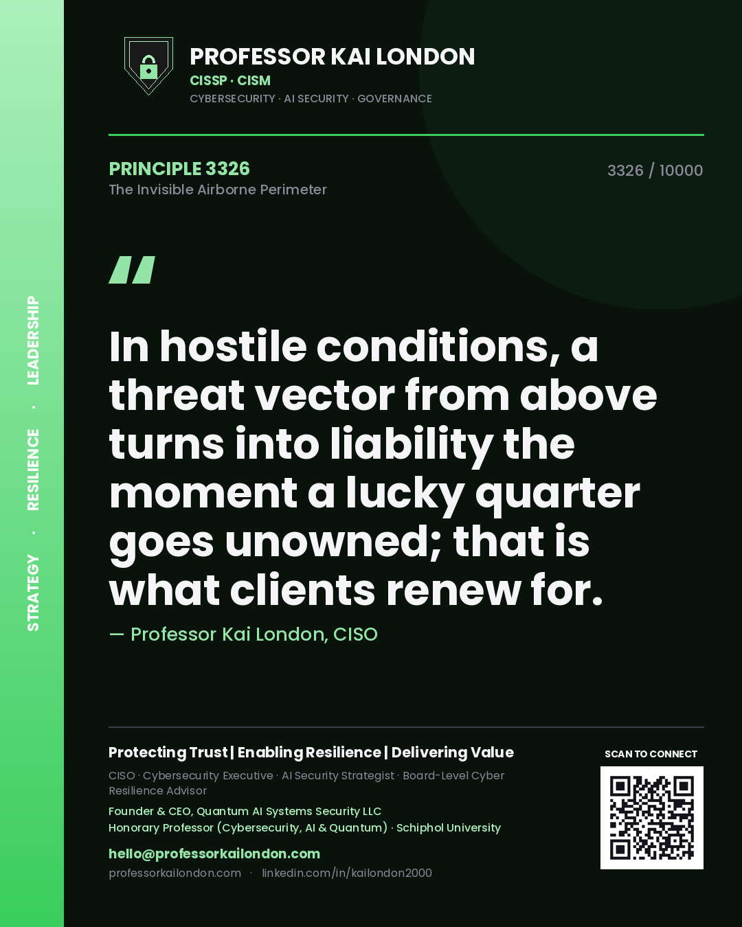 Quote card by Professor Kai London reading 'In hostile conditions, a threat vector from above turns into liability the moment a lucky quarter goes unowned; that is what clients renew for.'. From the book The Invisible Airborne Perimeter.