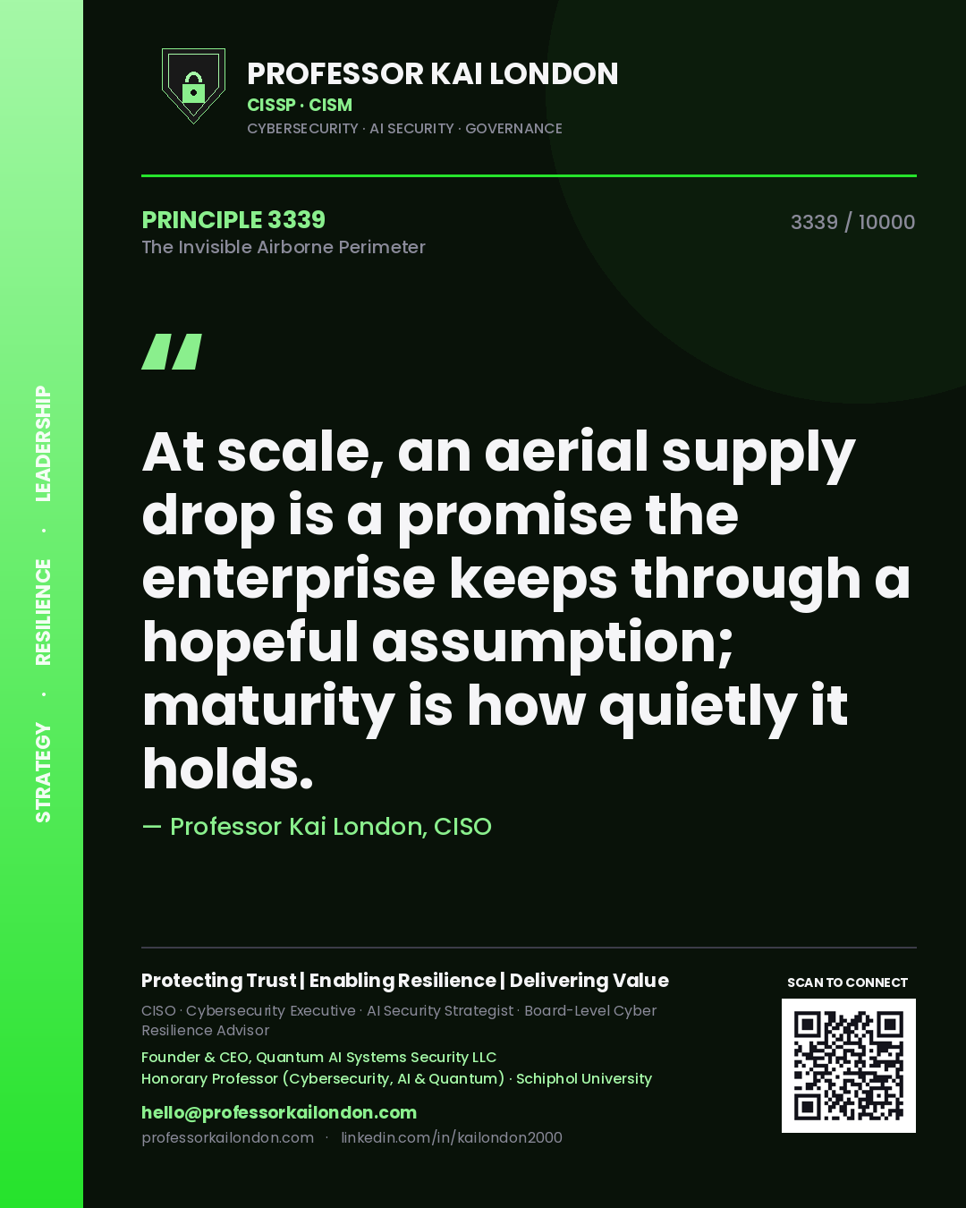 Quote card by Professor Kai London reading 'At scale, an aerial supply drop is a promise the enterprise keeps through a hopeful assumption; maturity is how quietly it holds.'. From the book The Invisible Airborne Perimeter.