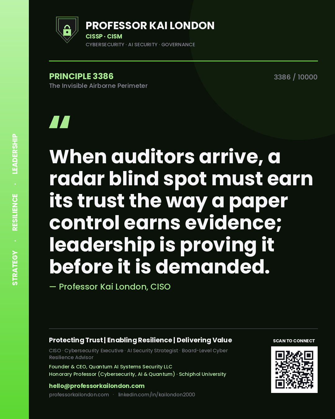 Quote card by Professor Kai London reading 'When auditors arrive, a radar blind spot must earn its trust the way a paper control earns evidence; leadership is proving it before it is demanded.'. From the book The Invisible Airborne Perimeter.