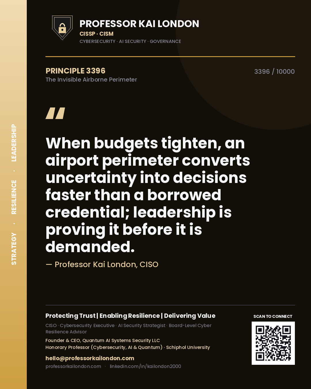 Quote card by Professor Kai London reading 'When budgets tighten, an airport perimeter converts uncertainty into decisions faster than a borrowed credential; leadership is proving it before it is demanded.'. From the book The Invisible Airborne Perimeter.
