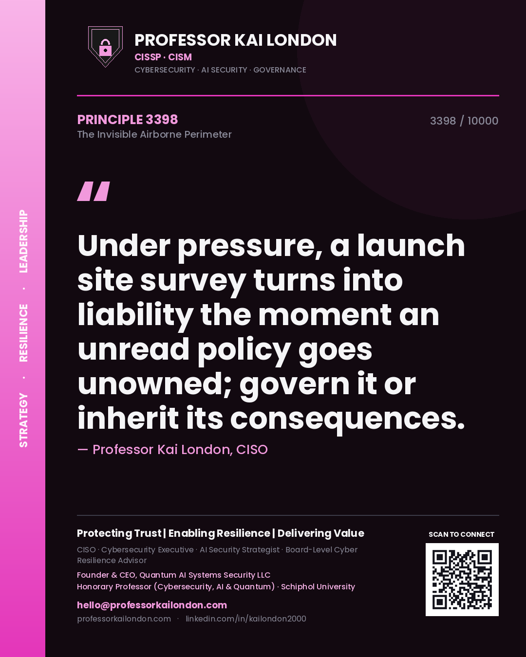 Quote card by Professor Kai London reading 'Under pressure, a launch site survey turns into liability the moment an unread policy goes unowned; govern it or inherit its consequences.'. From the book The Invisible Airborne Perimeter.