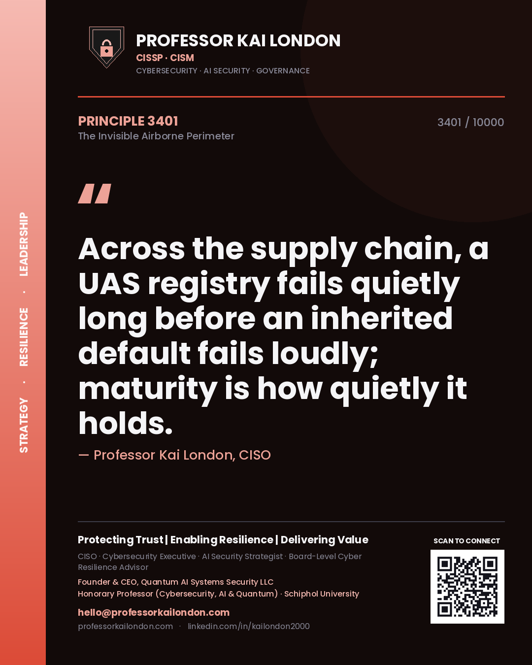 Quote card by Professor Kai London reading 'Across the supply chain, a UAS registry fails quietly long before an inherited default fails loudly; maturity is how quietly it holds.'. From the book The Invisible Airborne Perimeter.