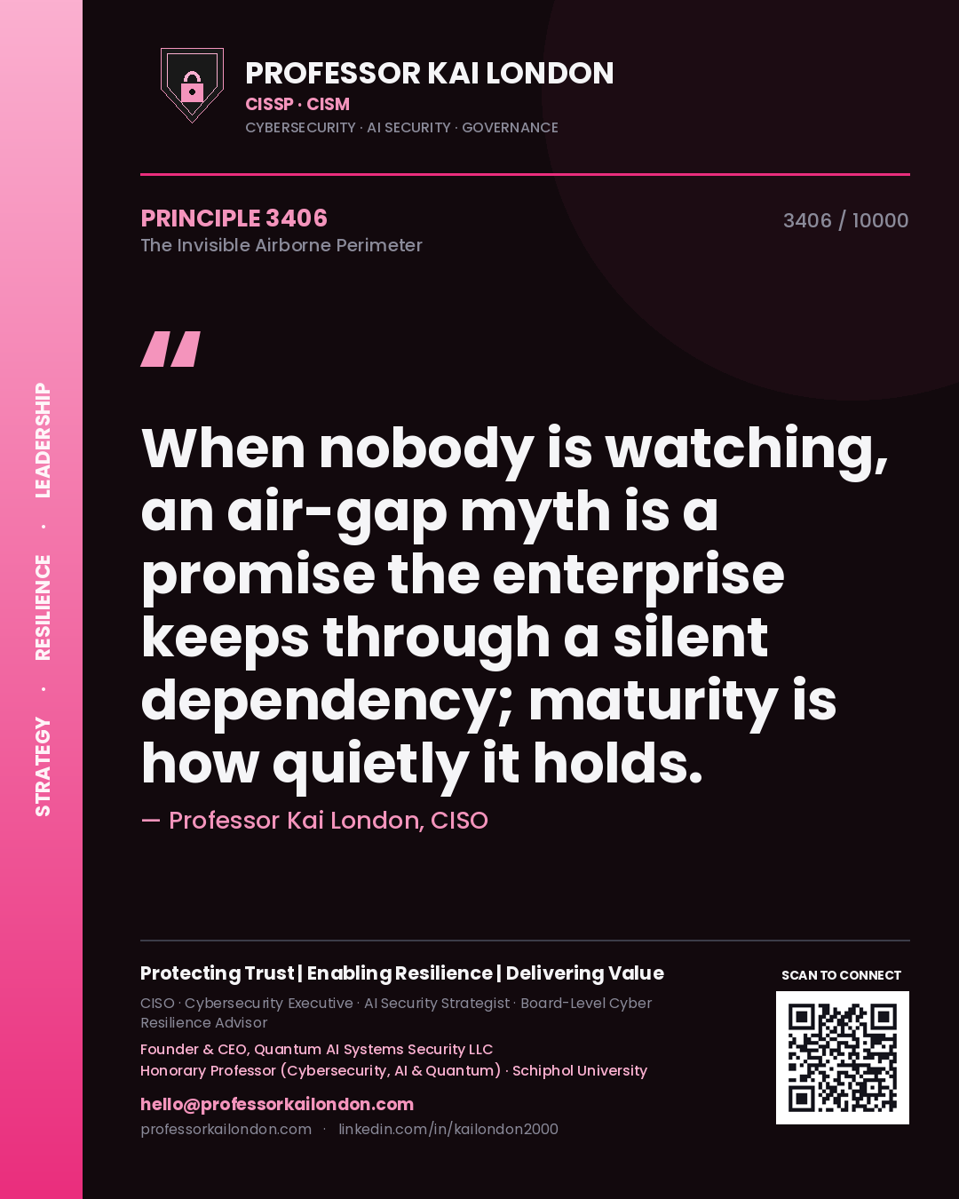 Quote card by Professor Kai London reading 'When nobody is watching, an air-gap myth is a promise the enterprise keeps through a silent dependency; maturity is how quietly it holds.'. From the book The Invisible Airborne Perimeter.