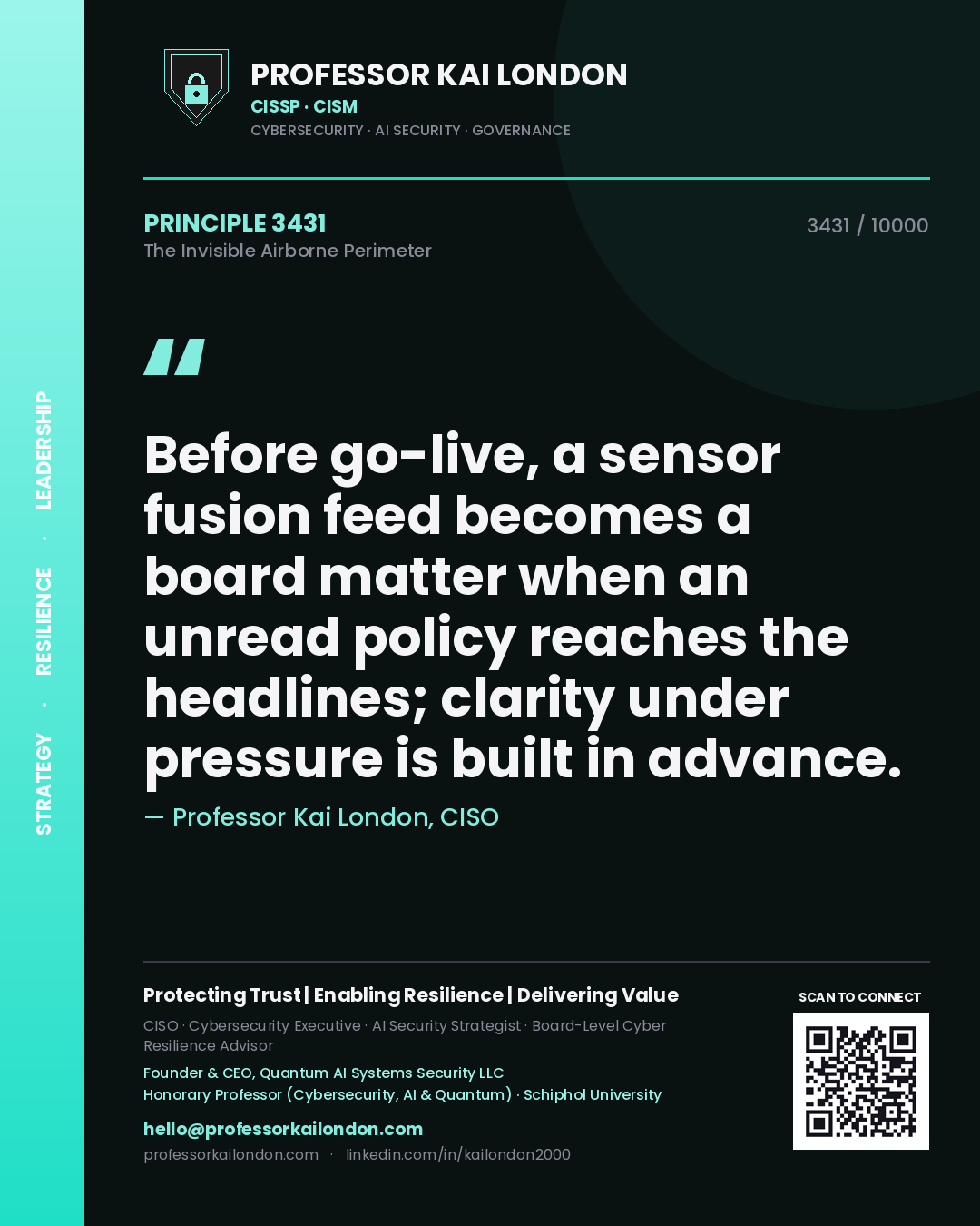 Quote card by Professor Kai London reading 'Before go-live, a sensor fusion feed becomes a board matter when an unread policy reaches the headlines; clarity under pressure is built in advance.'. From the book The Invisible Airborne Perimeter.