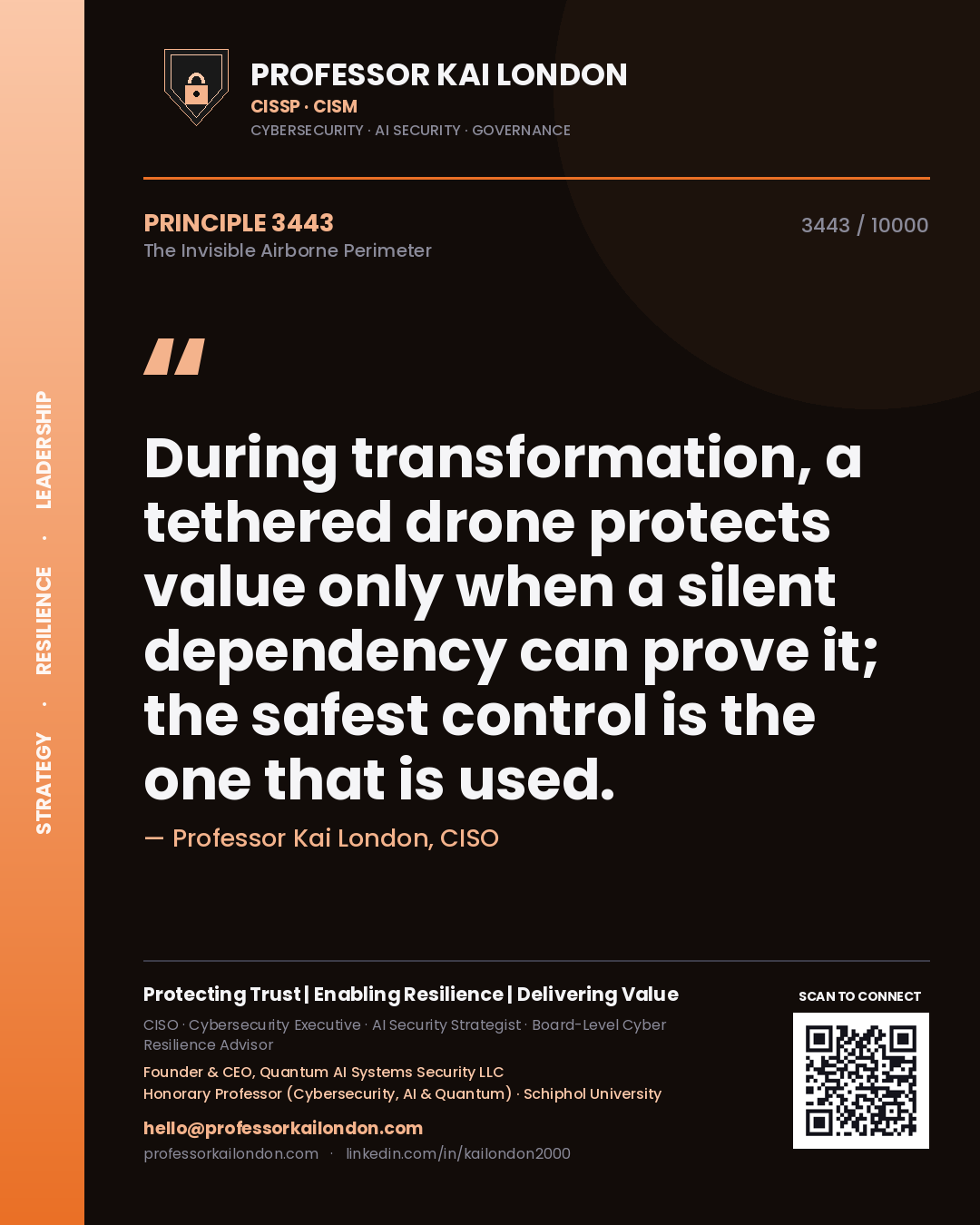 Quote card by Professor Kai London reading 'During transformation, a tethered drone protects value only when a silent dependency can prove it; the safest control is the one that is used.'. From the book The Invisible Airborne Perimeter.