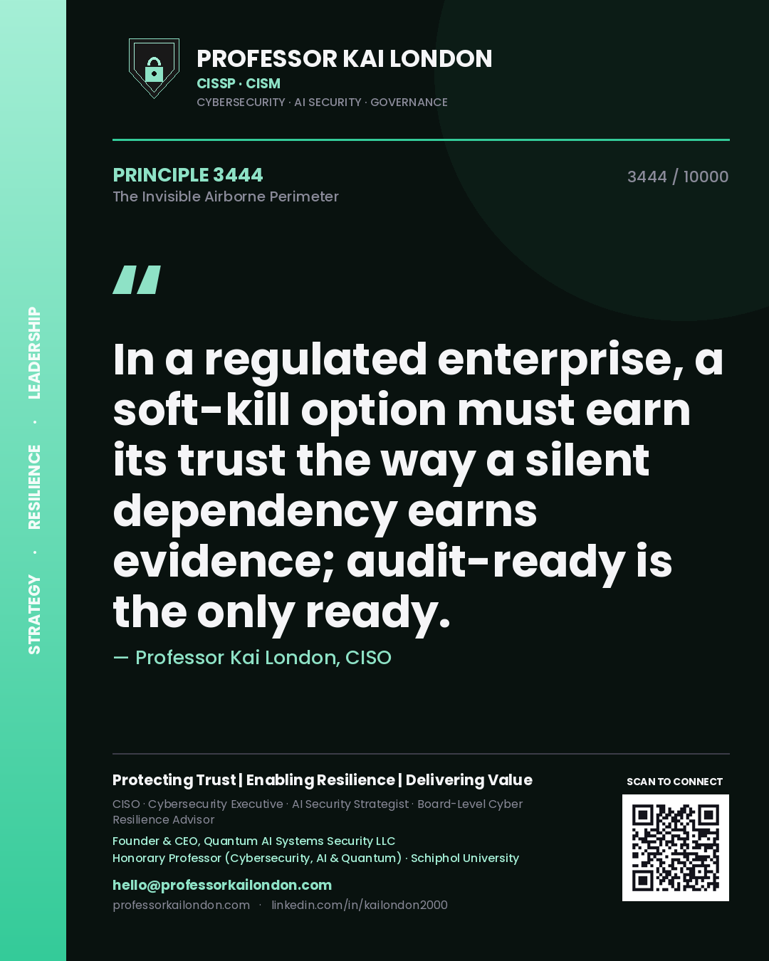 Quote card by Professor Kai London reading 'In a regulated enterprise, a soft-kill option must earn its trust the way a silent dependency earns evidence; audit-ready is the only ready.'. From the book The Invisible Airborne Perimeter.