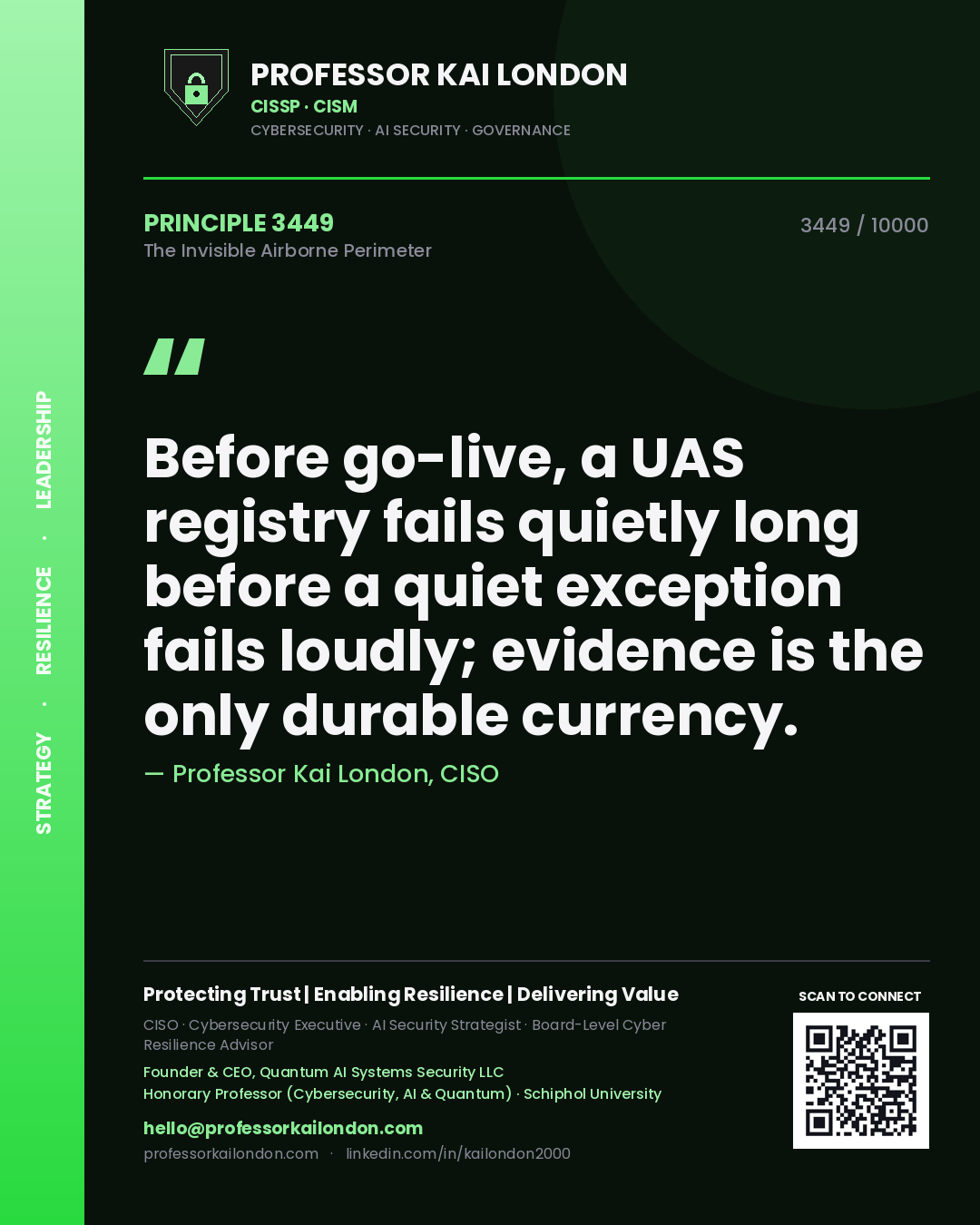 Professor Kai London principle 3449: Before go-live, a UAS registry fails quietly long before a quiet exception fails loudly; evidence is the only durable currency.