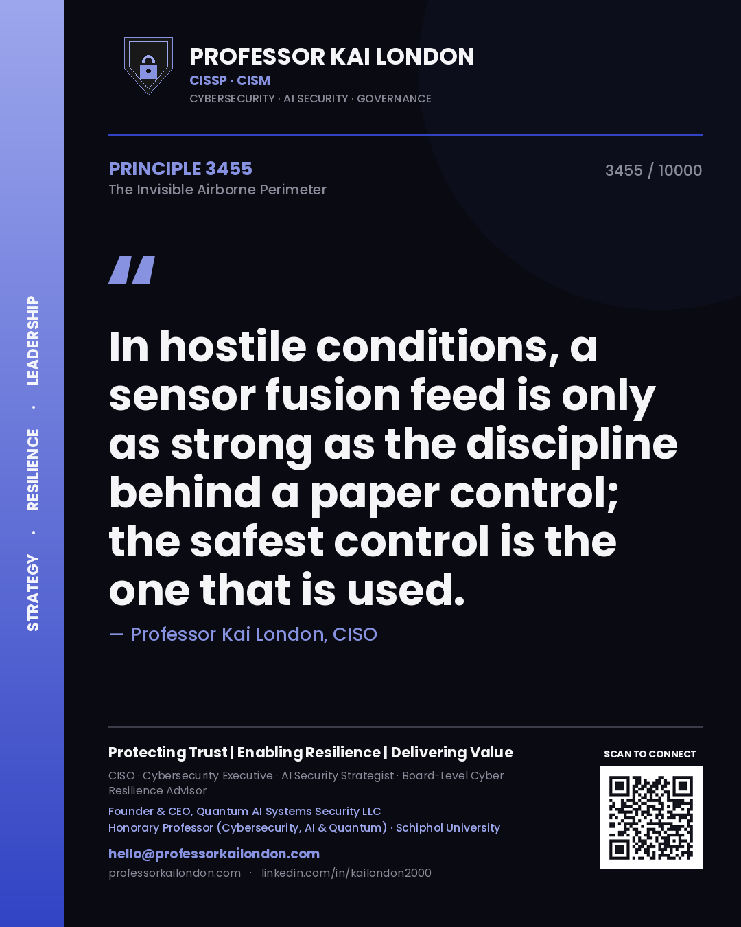 Quote card by Professor Kai London reading 'In hostile conditions, a sensor fusion feed is only as strong as the discipline behind a paper control; the safest control is the one that is used.'. From the book The Invisible Airborne Perimeter.