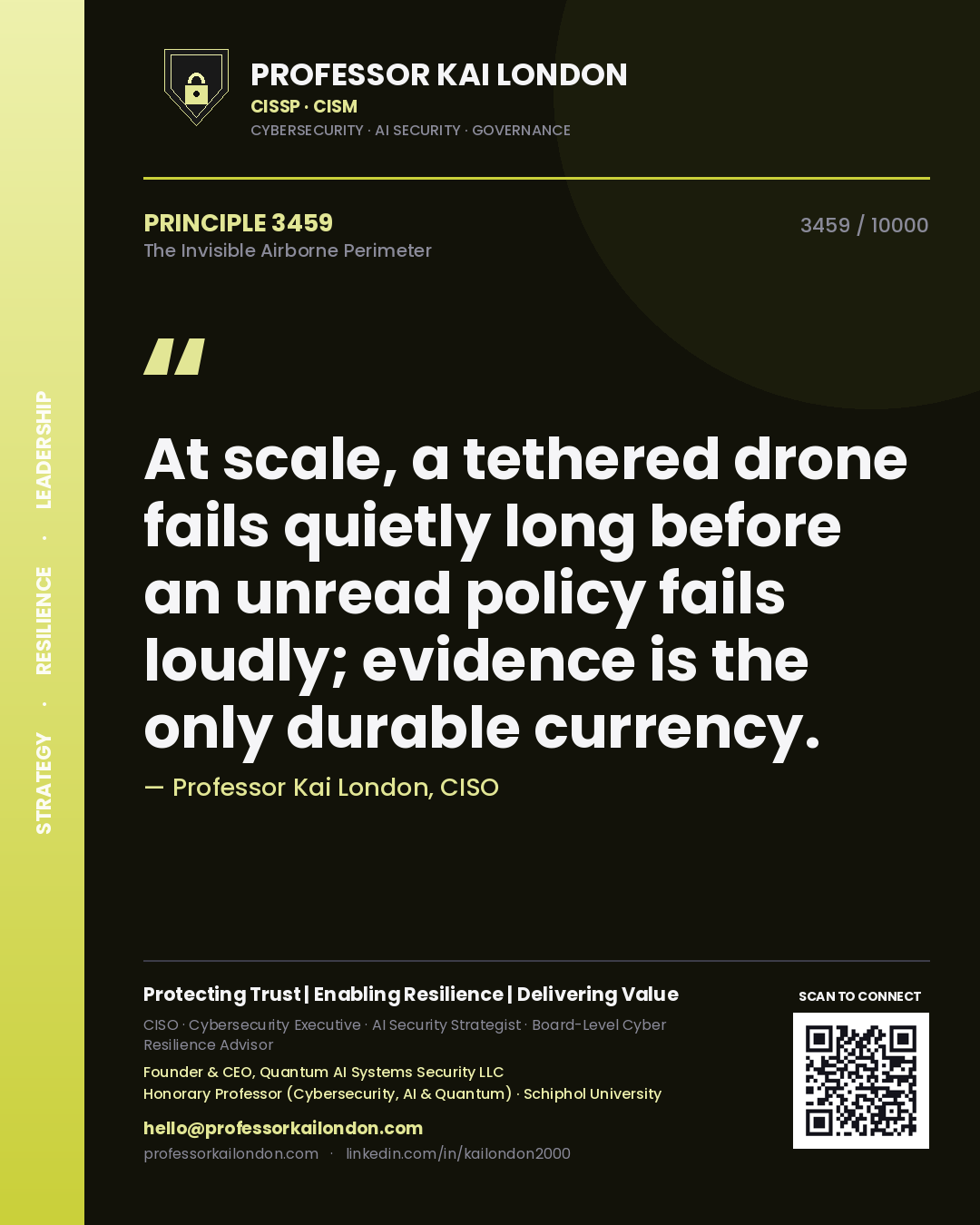 Quote card by Professor Kai London reading 'At scale, a tethered drone fails quietly long before an unread policy fails loudly; evidence is the only durable currency.'. From the book The Invisible Airborne Perimeter.