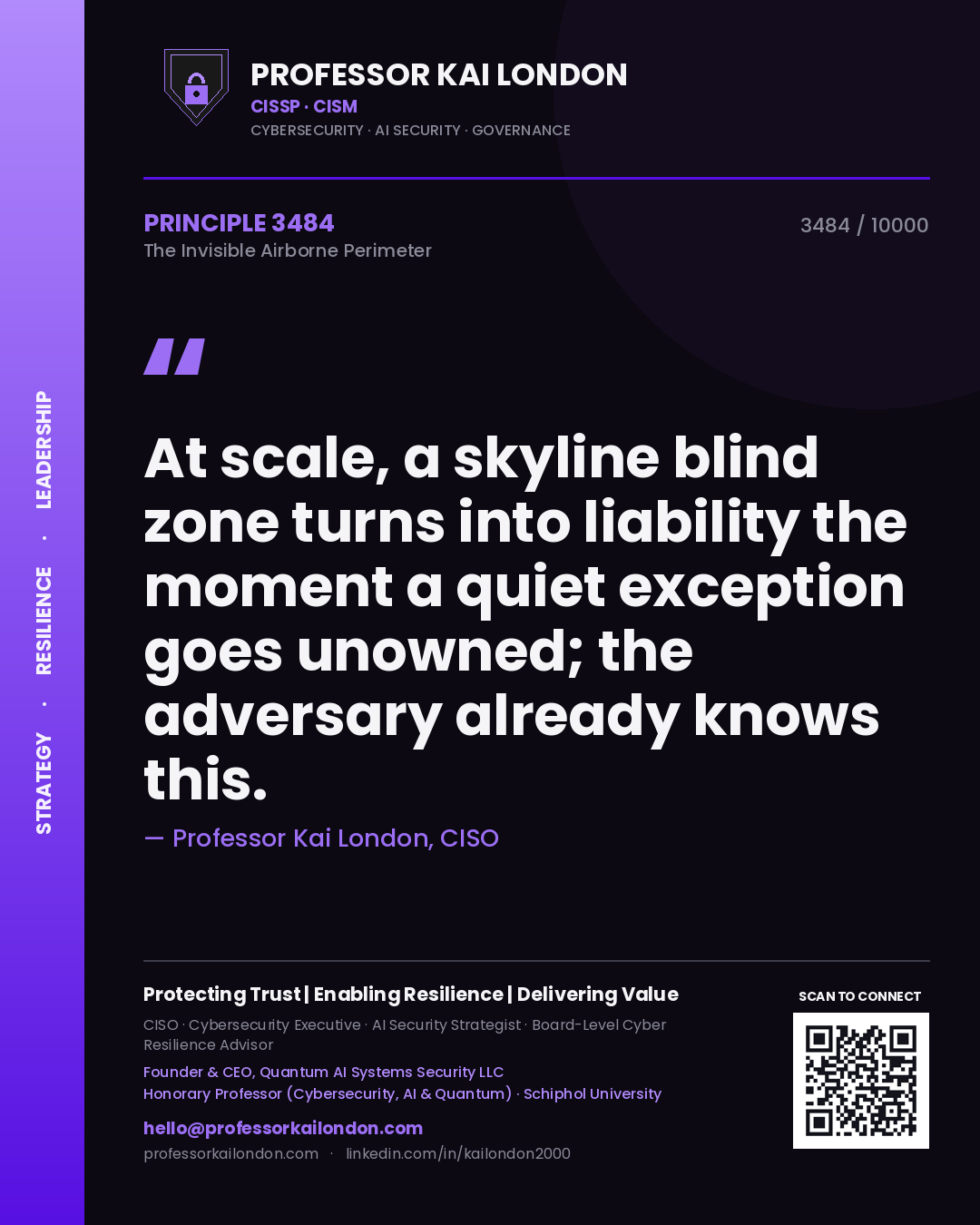Quote card by Professor Kai London reading 'At scale, a skyline blind zone turns into liability the moment a quiet exception goes unowned; the adversary already knows this.'. From the book The Invisible Airborne Perimeter.