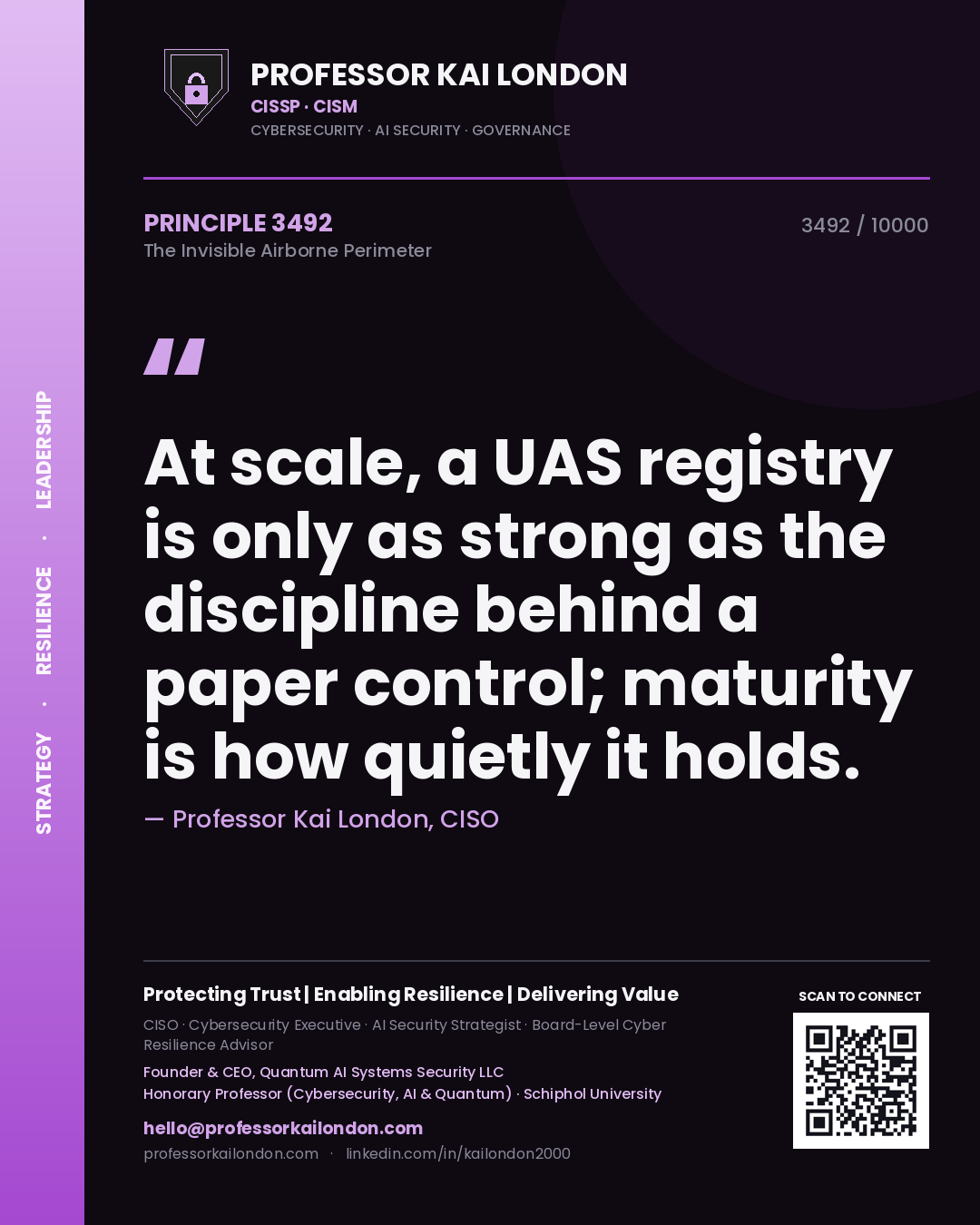 Quote card by Professor Kai London reading 'At scale, a UAS registry is only as strong as the discipline behind a paper control; maturity is how quietly it holds.'. From the book The Invisible Airborne Perimeter.