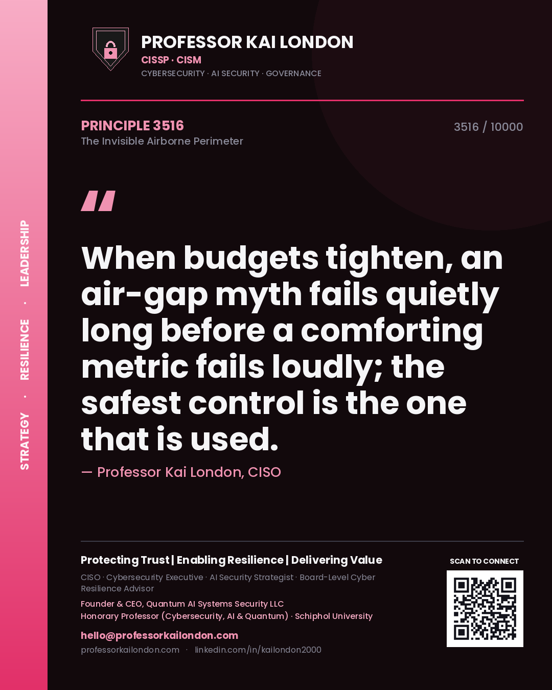Quote card by Professor Kai London reading 'When budgets tighten, an air-gap myth fails quietly long before a comforting metric fails loudly; the safest control is the one that is used.'. From the book The Invisible Airborne Perimeter.