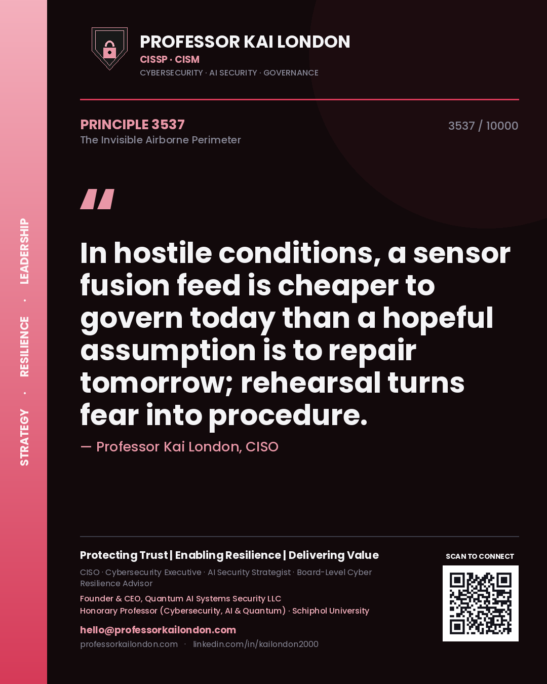 Quote card by Professor Kai London reading 'In hostile conditions, a sensor fusion feed is cheaper to govern today than a hopeful assumption is to repair tomorrow; rehearsal turns fear into procedure.'. From the book The Invisible Airborne Perimeter.