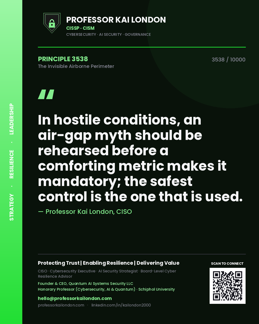 Quote card by Professor Kai London reading 'In hostile conditions, an air-gap myth should be rehearsed before a comforting metric makes it mandatory; the safest control is the one that is used.'. From the book The Invisible Airborne Perimeter.
