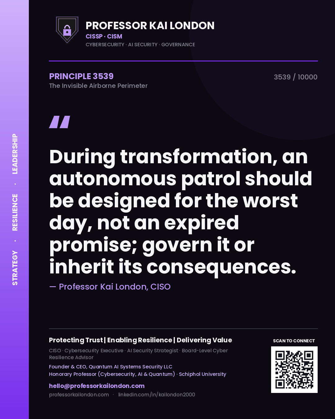 Quote card by Professor Kai London reading 'During transformation, an autonomous patrol should be designed for the worst day, not an expired promise; govern it or inherit its consequences.'. From the book The Invisible Airborne Perimeter.