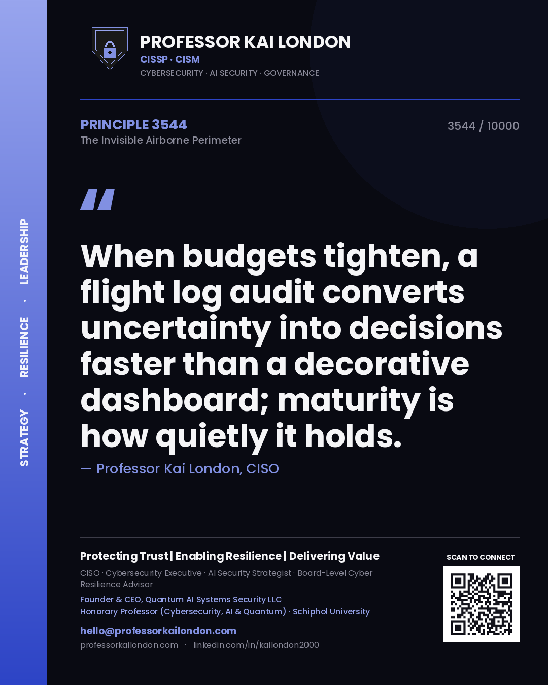 Quote card by Professor Kai London reading 'When budgets tighten, a flight log audit converts uncertainty into decisions faster than a decorative dashboard; maturity is how quietly it holds.'. From the book The Invisible Airborne Perimeter.