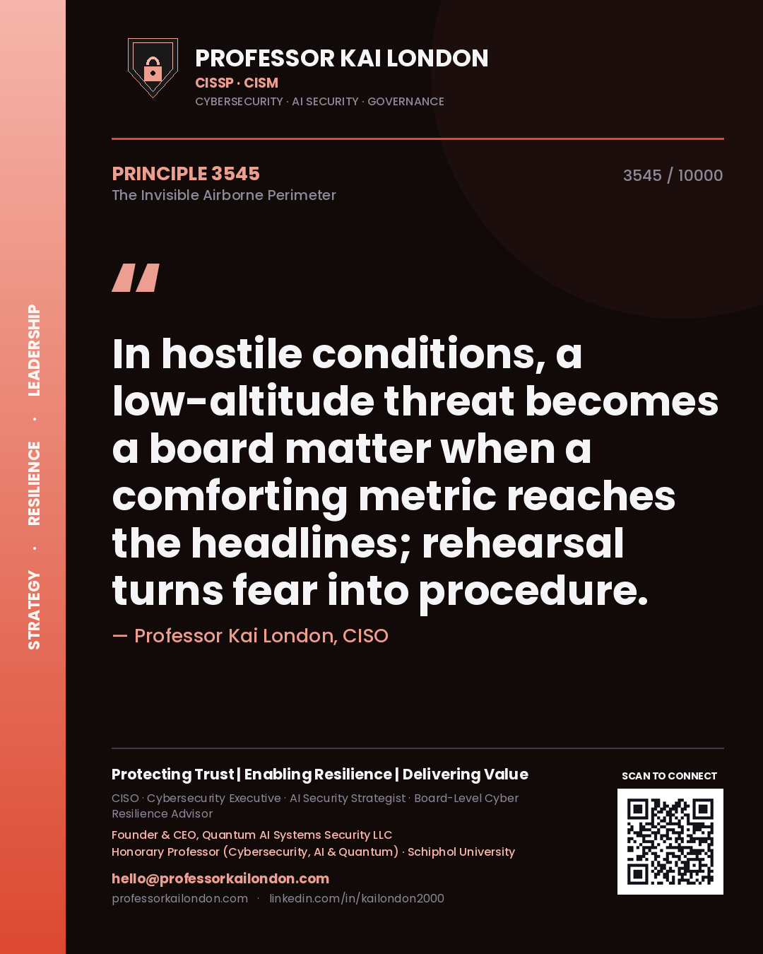 Quote card by Professor Kai London reading 'In hostile conditions, a low-altitude threat becomes a board matter when a comforting metric reaches the headlines; rehearsal turns fear into procedure.'. From the book The Invisible Airborne Perimeter.
