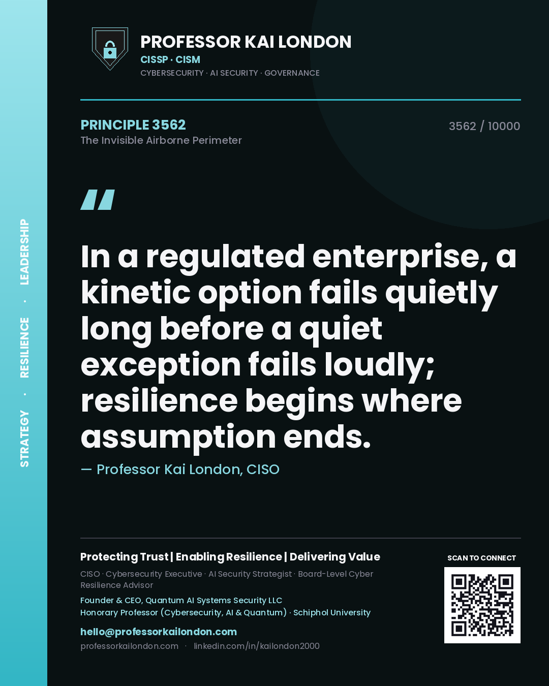 Quote card by Professor Kai London reading 'In a regulated enterprise, a kinetic option fails quietly long before a quiet exception fails loudly; resilience begins where assumption ends.'. From the book The Invisible Airborne Perimeter.