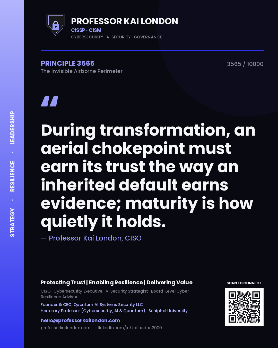 Quote card by Professor Kai London reading 'During transformation, an aerial chokepoint must earn its trust the way an inherited default earns evidence; maturity is how quietly it holds.'. From the book The Invisible Airborne Perimeter.