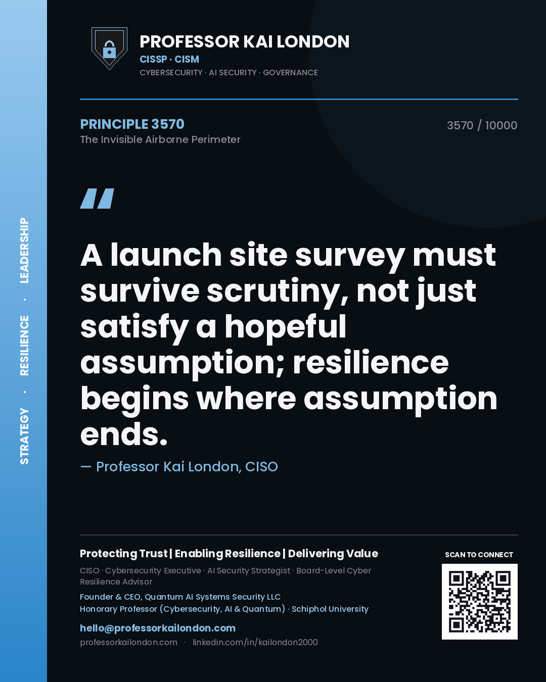 Quote card by Professor Kai London reading 'A launch site survey must survive scrutiny, not just satisfy a hopeful assumption; resilience begins where assumption ends.'. From the book The Invisible Airborne Perimeter.