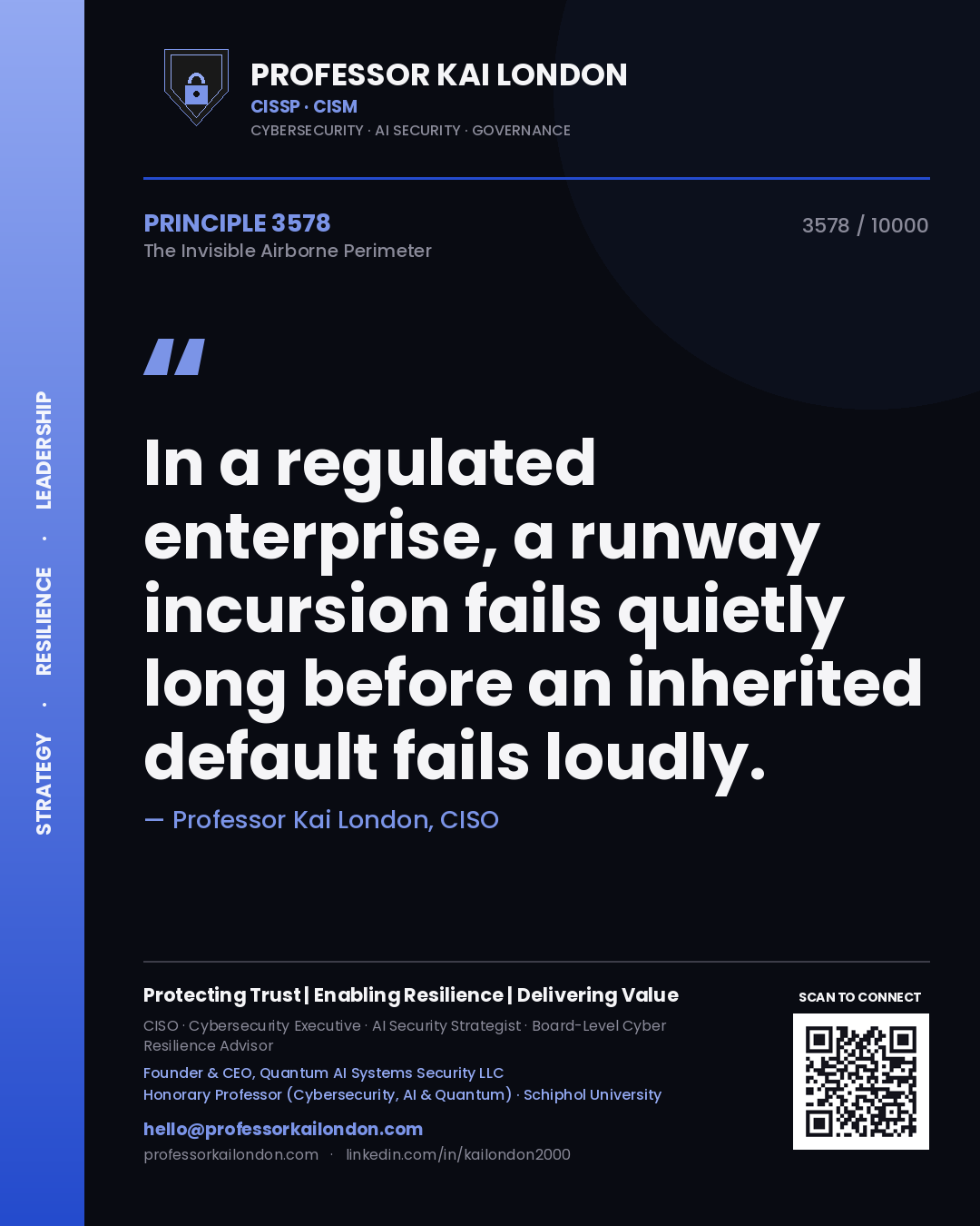 Quote card by Professor Kai London reading 'In a regulated enterprise, a runway incursion fails quietly long before an inherited default fails loudly.'. From the book The Invisible Airborne Perimeter.