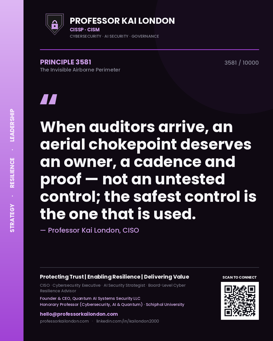 Quote card by Professor Kai London reading 'When auditors arrive, an aerial chokepoint deserves an owner, a cadence and proof — not an untested control; the safest control is the one that is used.'. From the book The Invisible Airborne Perimeter.