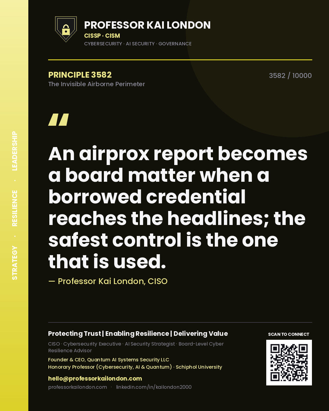 Professor Kai London principle 3582: An airprox report becomes a board matter when a borrowed credential reaches the headlines; the safest control is the one that is used.